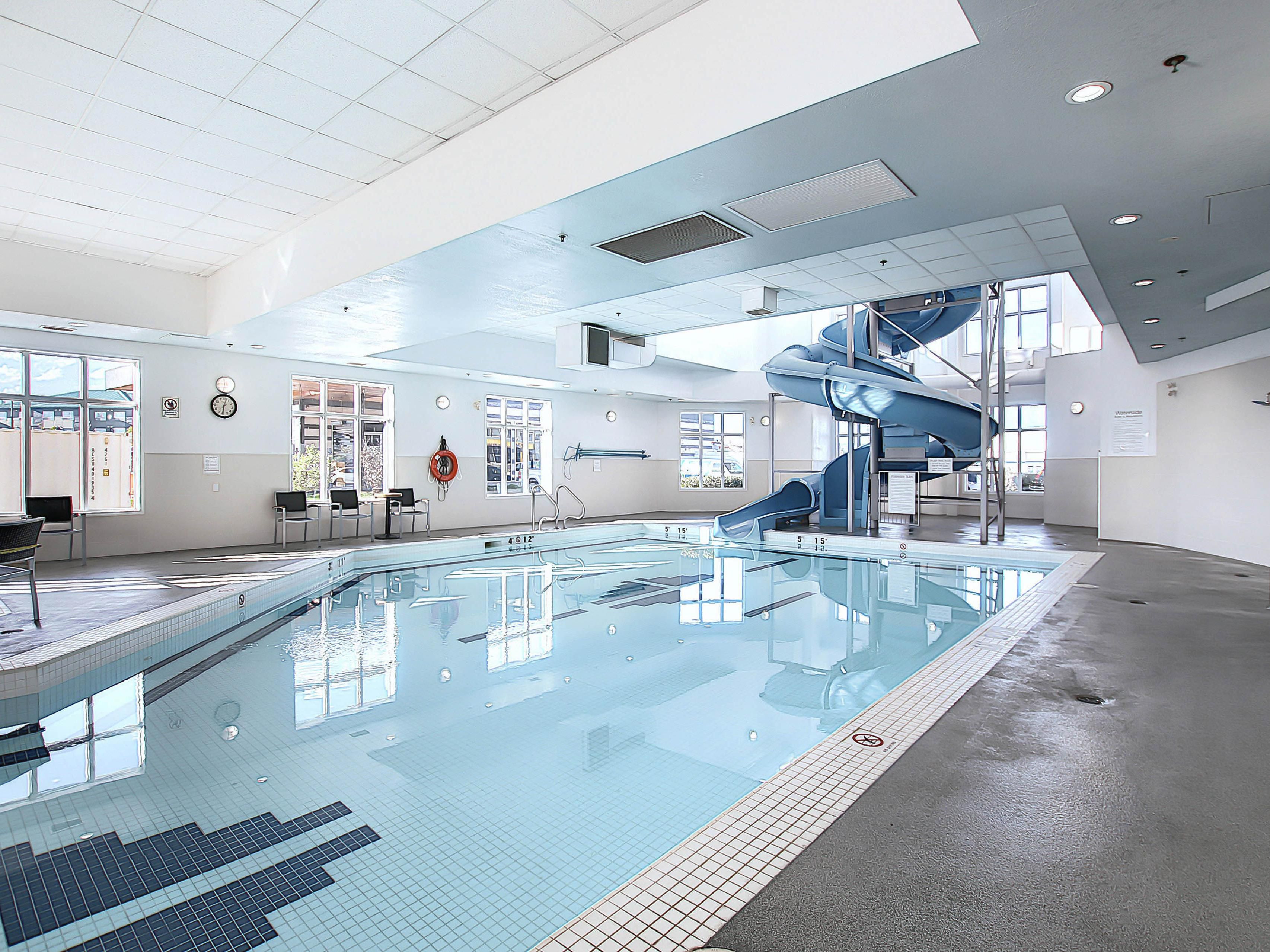 Our hotel features a heated indoor pool with a waterslide and hot tub.   Stay fit in our onsite fitness center, complete with a treadmill, elliptical machines, free weights and a stationary bicycle.
