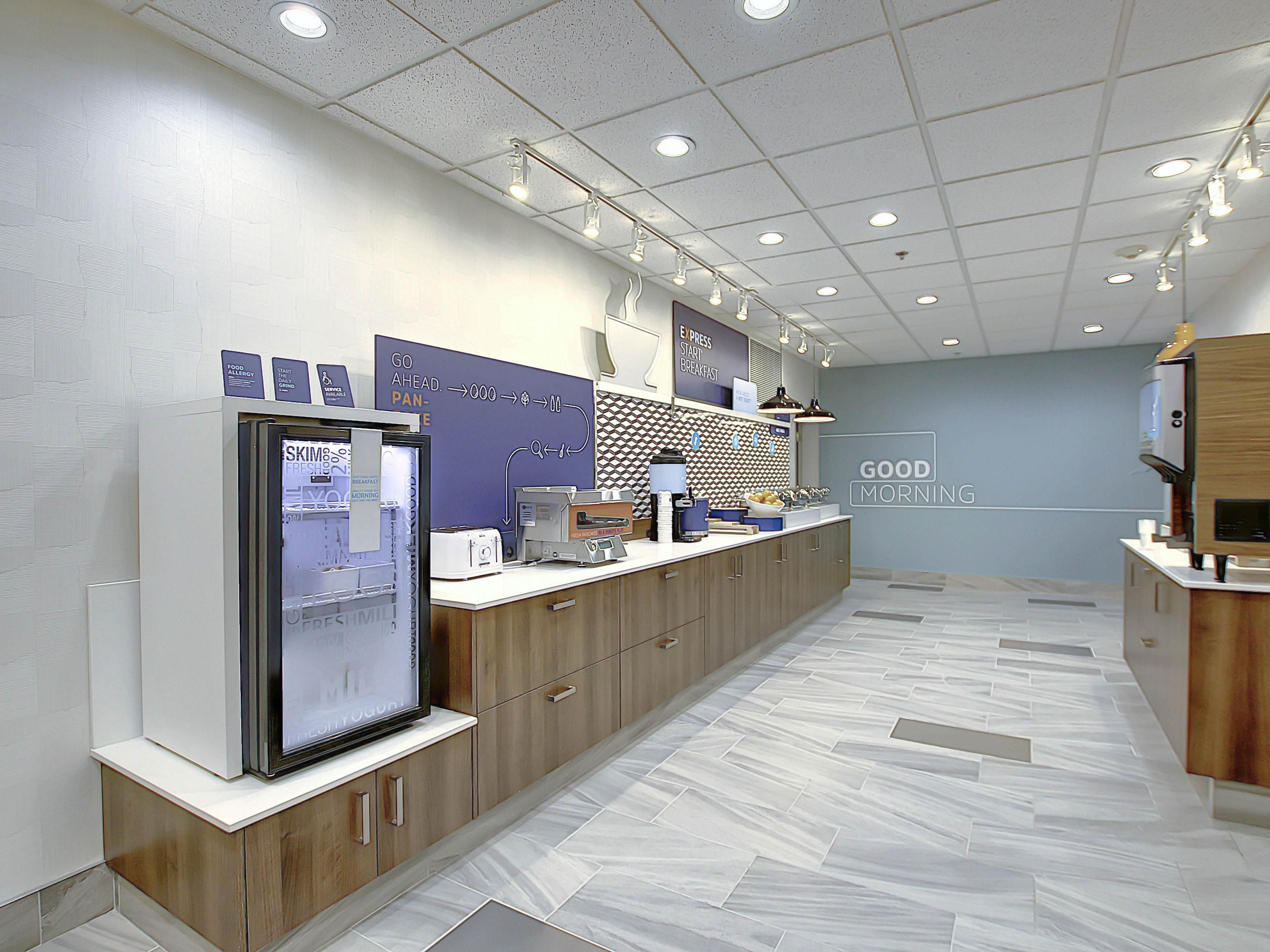 Start your day off right with a complimentary breakfast including fresh fruit, yogurt, cereal, hot oatmeal, granola bars, coffee, tea, juices and milk.