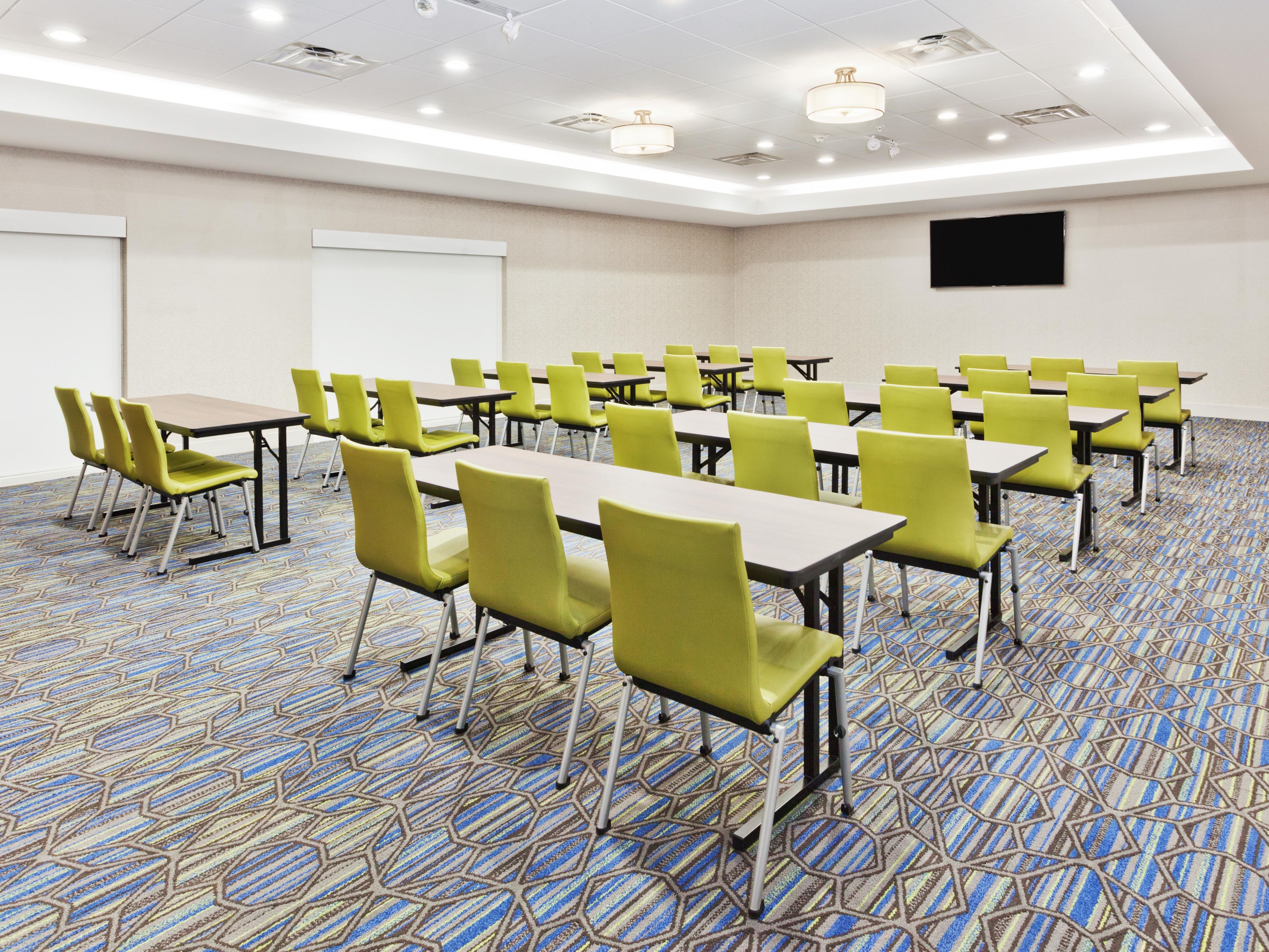 In town for business? We have 1100 square feet meeting space available. Also, tables and chairs set up by staff members. The meeting room offers a flat-screen TV with an HDMI connection, dry erase board and marker available. Outside catering is available. Several caterers in the area offer a variety of luncheons from hot buffets.