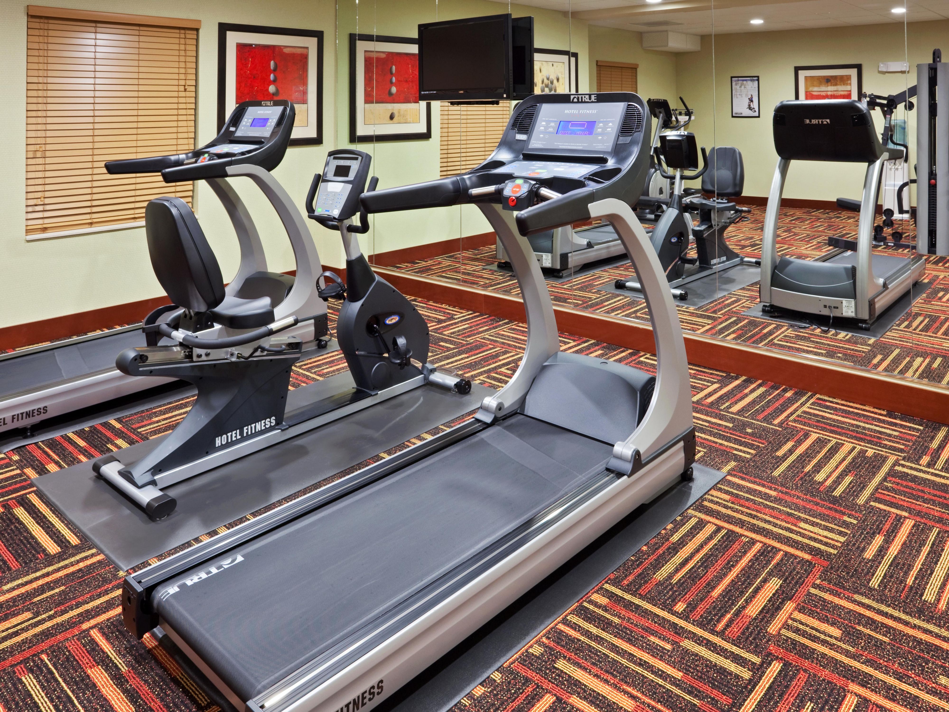 We have an onsite large complimentary fitness center. Includes 2 treadmills, elliptical machine, stationary bike, free weights and a universal machine. As well as a TV, Cold water dispenser and towels provided in the room
