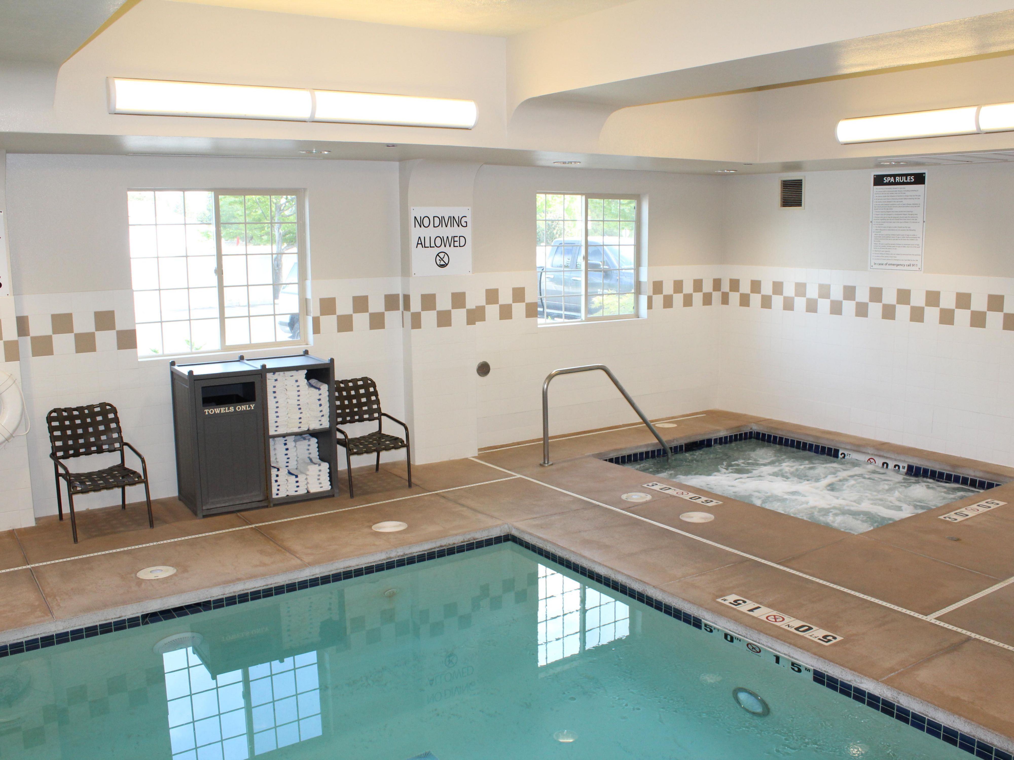 Whether you swim laps in the morning, make a midday splash, or enjoy a leisurely evening soak in the hot tub, our indoor pool area is the perfect place for relaxation and recreation during your stay. Pool hours are 7:00am to 11:00pm daily.