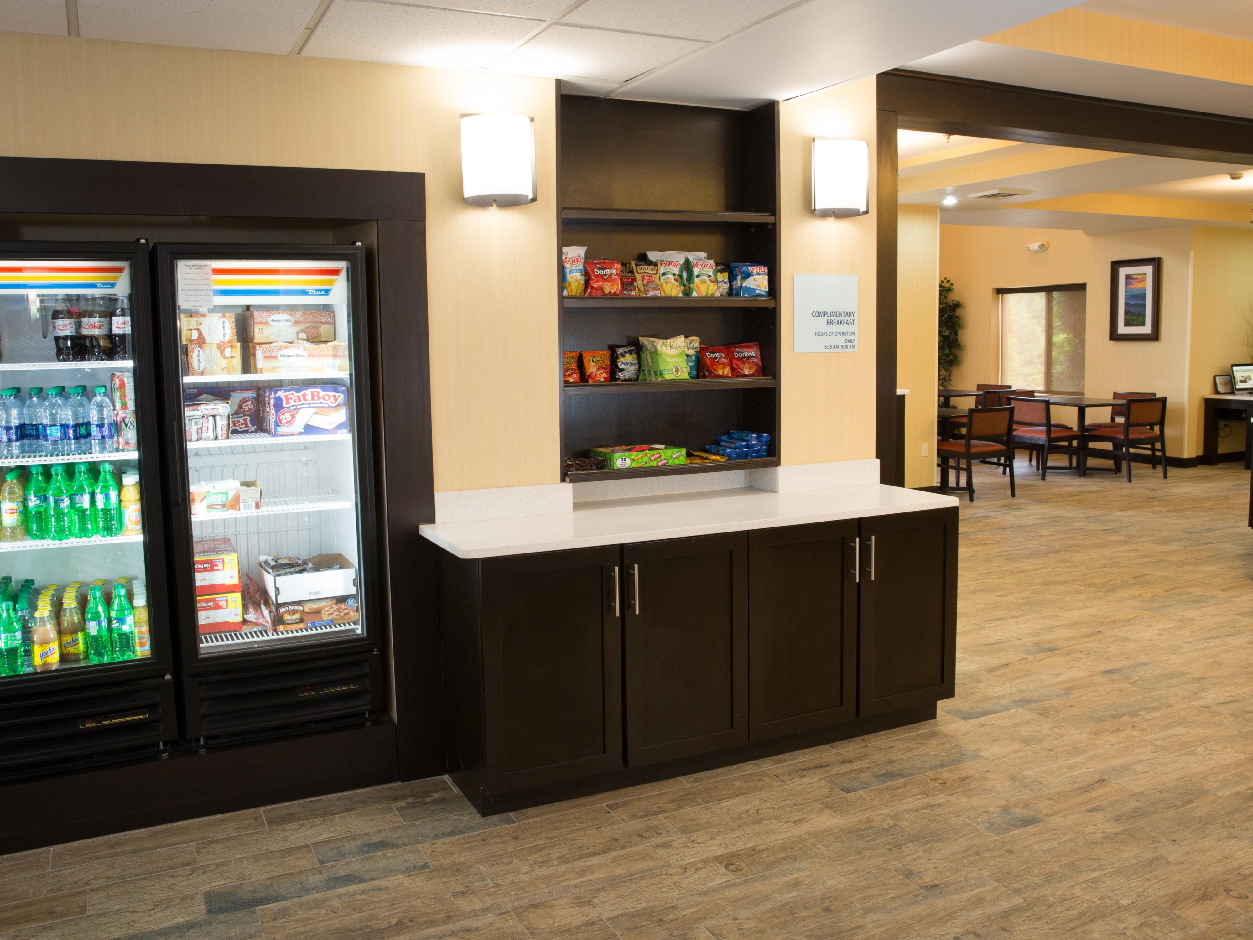Lobby marketplace. Chips, drinks, snacks open 24hrs