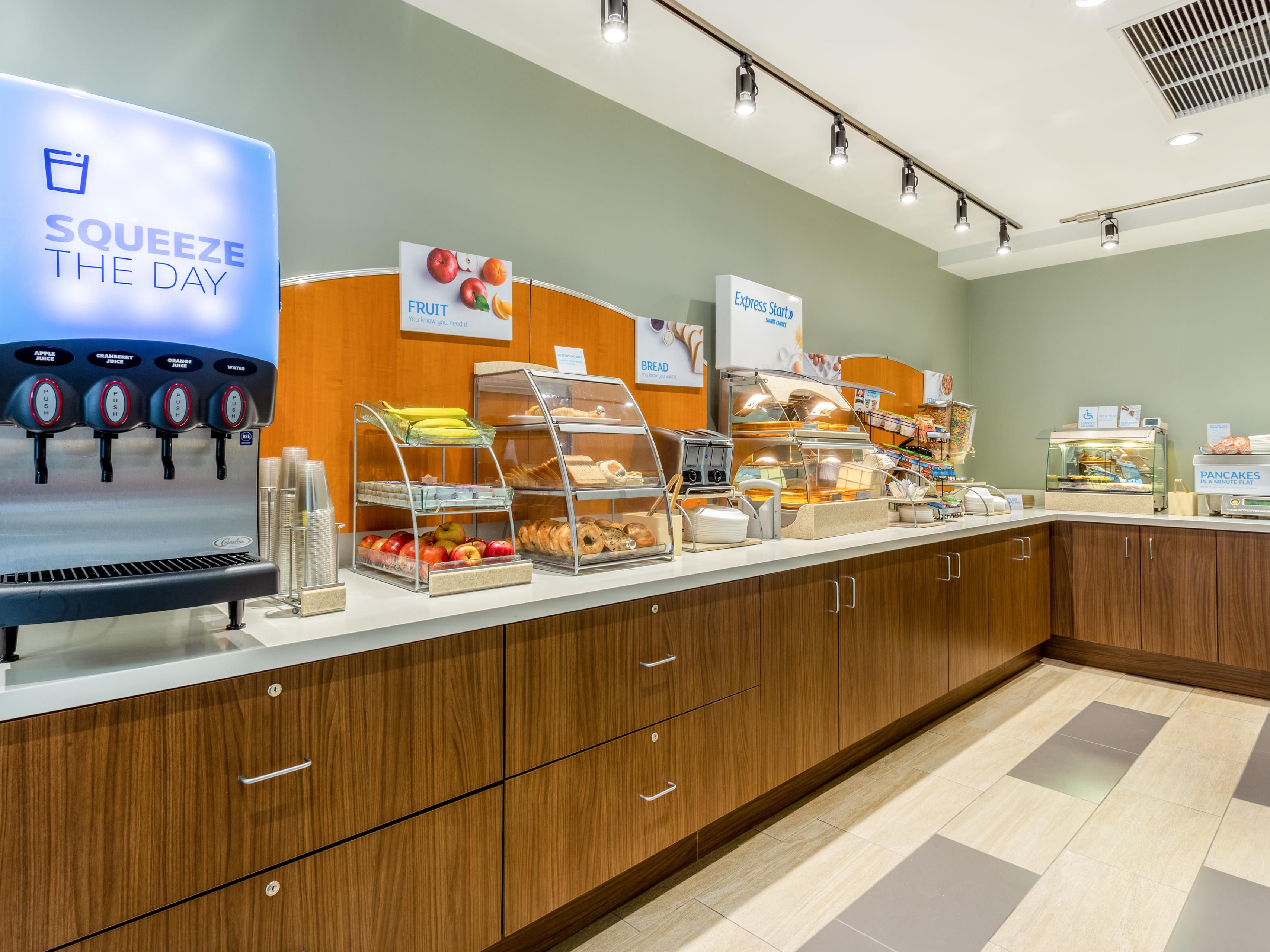 Want something sweet? Our one-touch pancake machine will have our signature pancakes ready in one-minute flat.
 
More into savory? We offer fresh bacon, sausage, scrambled eggs, and a healthy egg white omelet. 
 
As always, our complimentary hot coffee is available around the clock. So grab a plate, fuel up, and Be The Readiest to conquer your day.