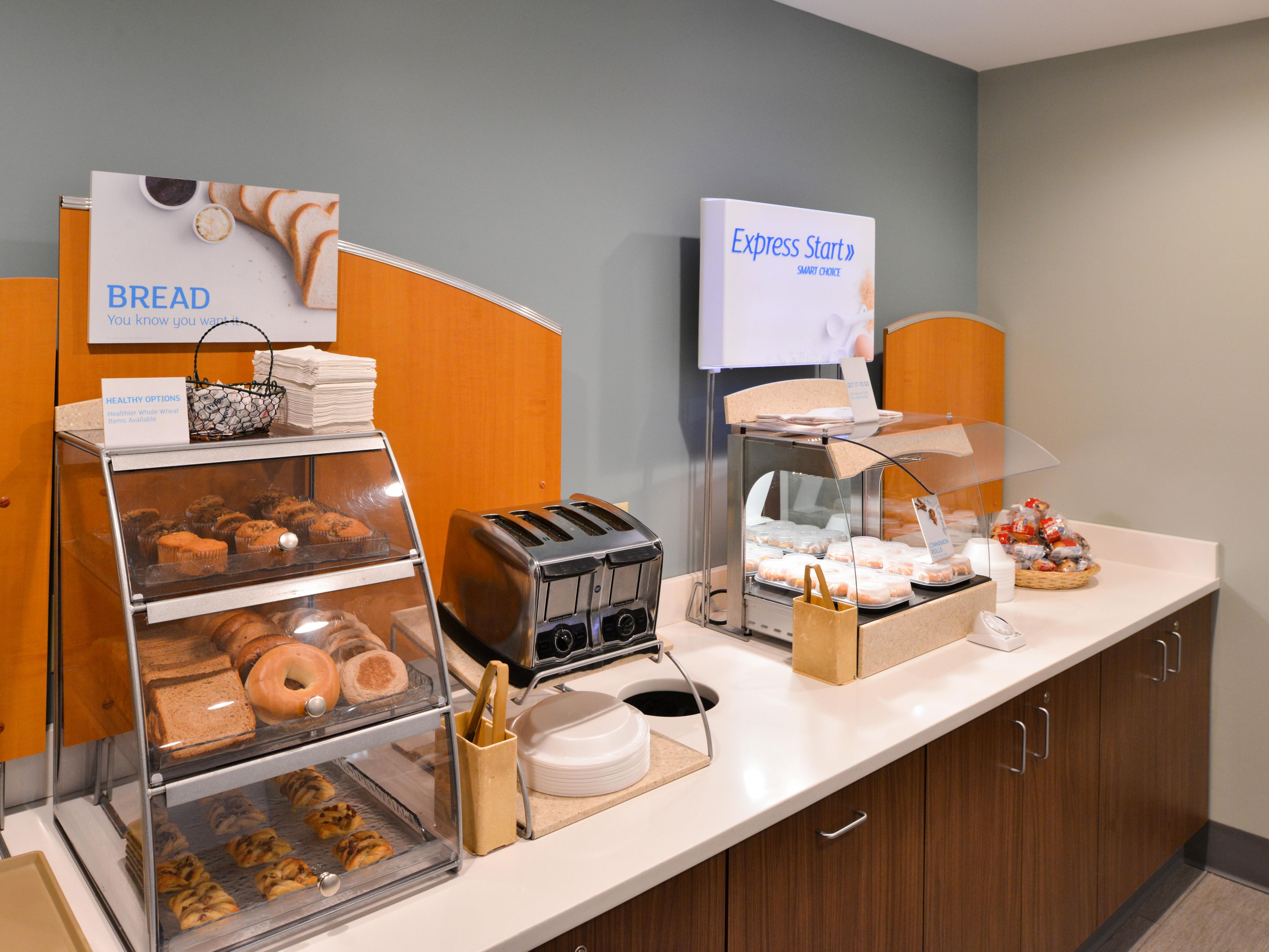 The Breakfast Bar at the Holiday Inn Express is plentiful to get you going in the morning and is included with your room.  Our team enjoys greeting our guests and providing great conversation to start your day.  We look forward to seeing you.