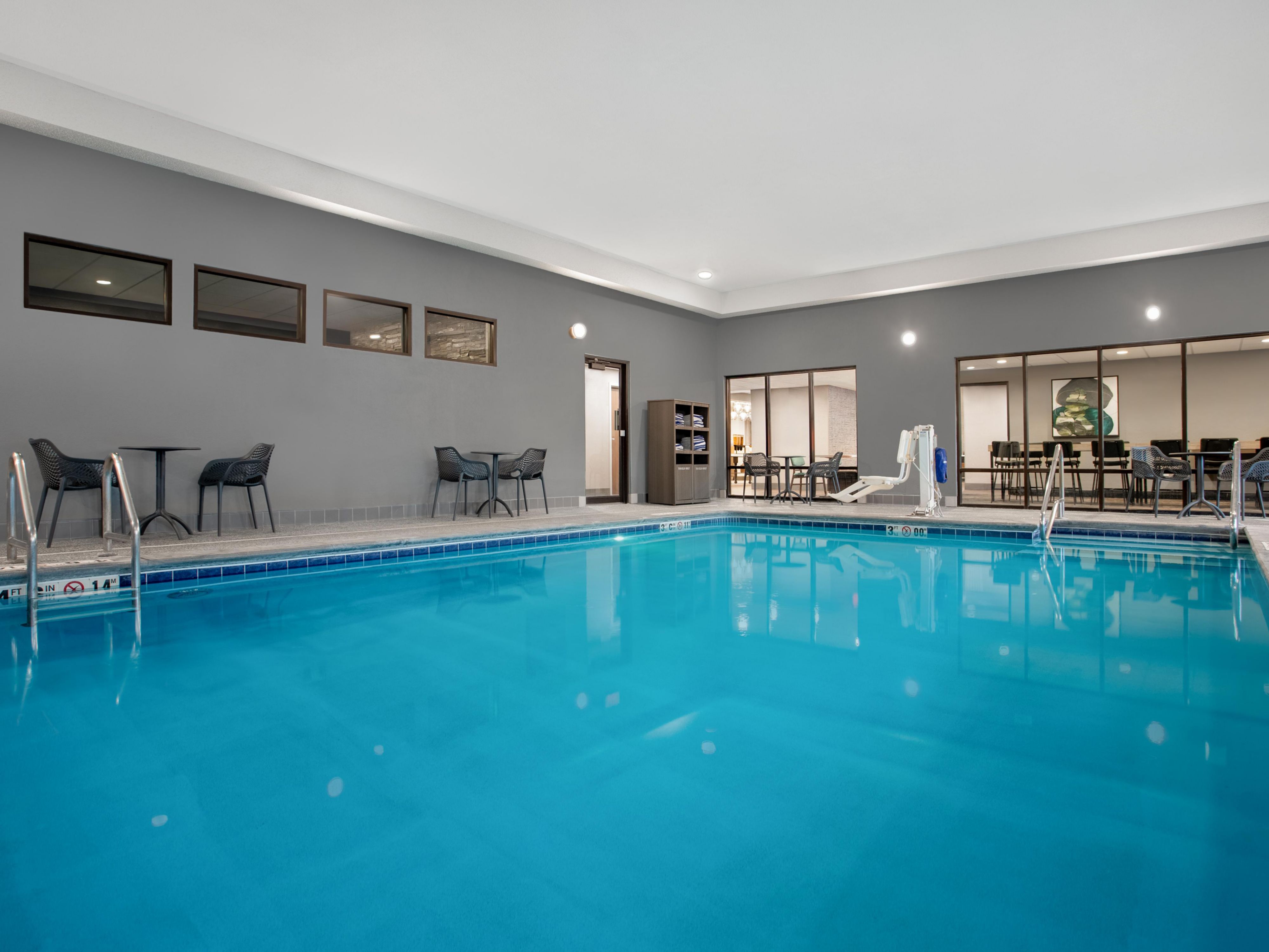 Our heated indoor pool is open from 8 am to 11 pm daily. Guests can enjoy a swimming in our pool year round and keeping up with their exercise routine in our fitness center while traveling. An indoor pool with free breakfast makes our hotel a great choice for families. Book your leisure or corporate stay today!
