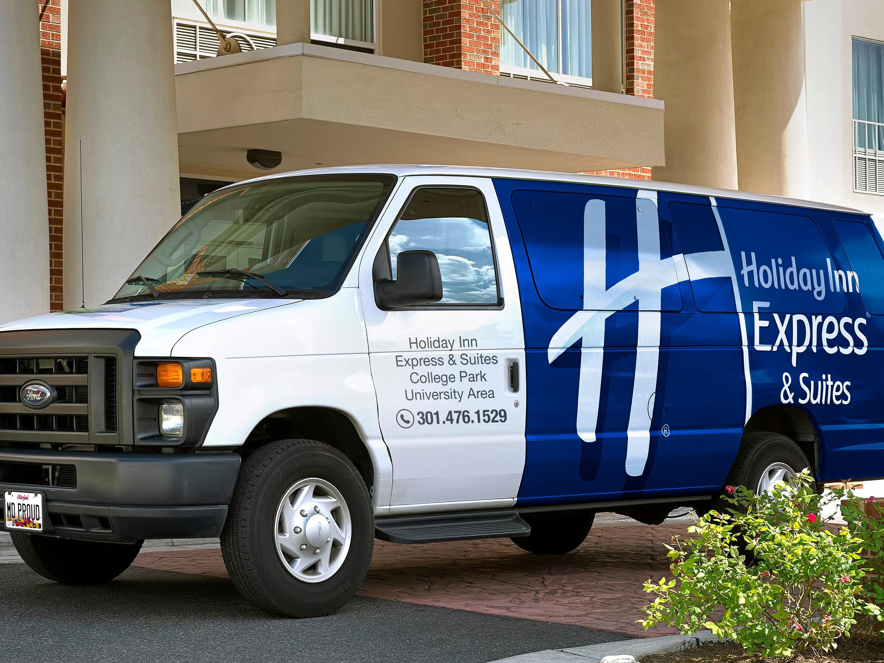 The Holiday Inn Express & Suites College Park has a complimentary hotel shuttle. The shuttle runs Monday - Saturday and can take hotel guests to any destination within a 2-maile radius. The shuttle hours are from 8:00 AM - 12 Noon & 4:00 PM - 8:00 PM.