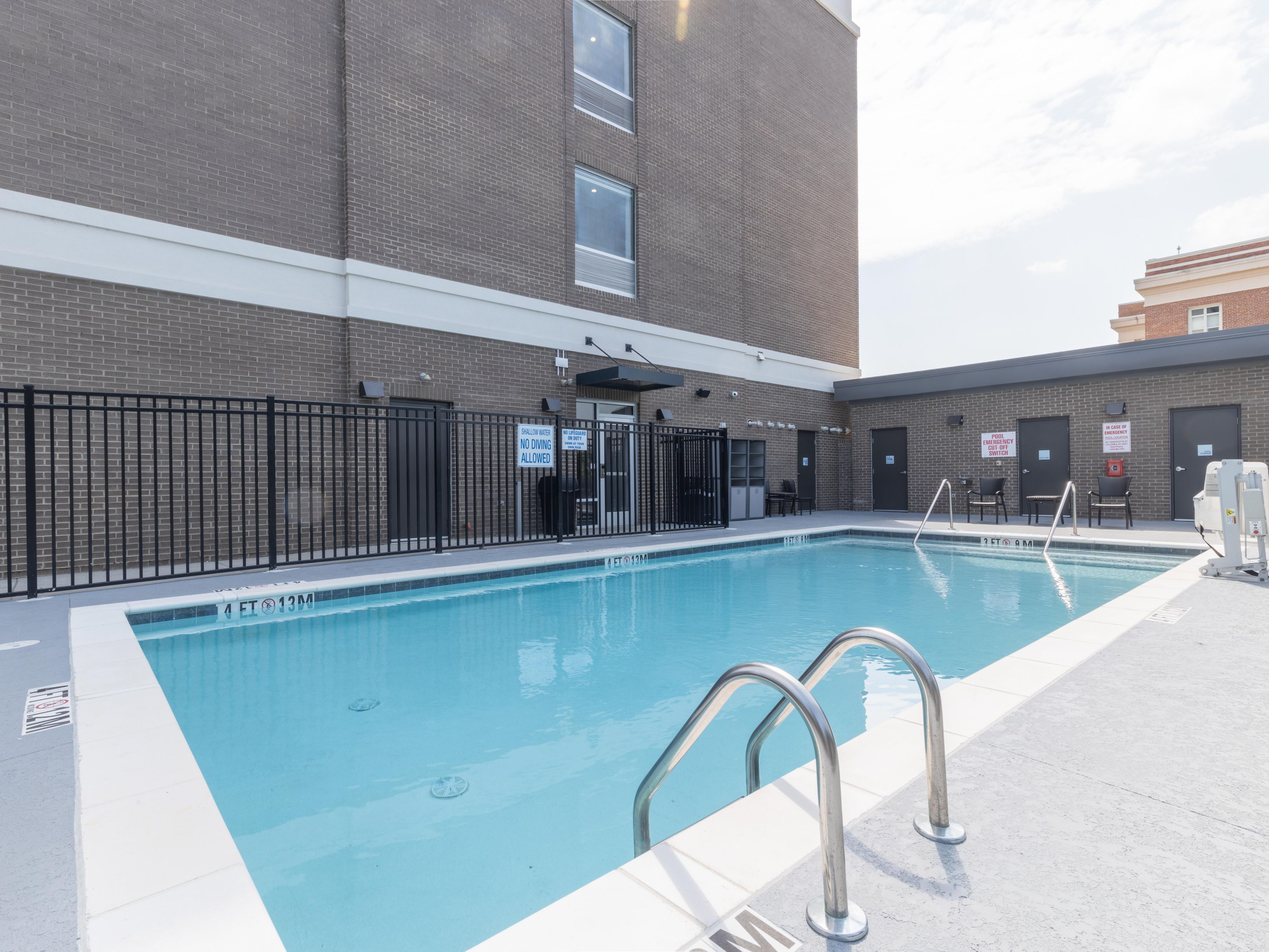 Take a refreshing dip in our accessible outdoor pool, open seasonally. With poolside tables, chairs, and lounge chairs, you can watch the kids splash and play or read a book and relax. Enjoy the South Carolina sun with plenty of cool water to keep you feeling fresh.