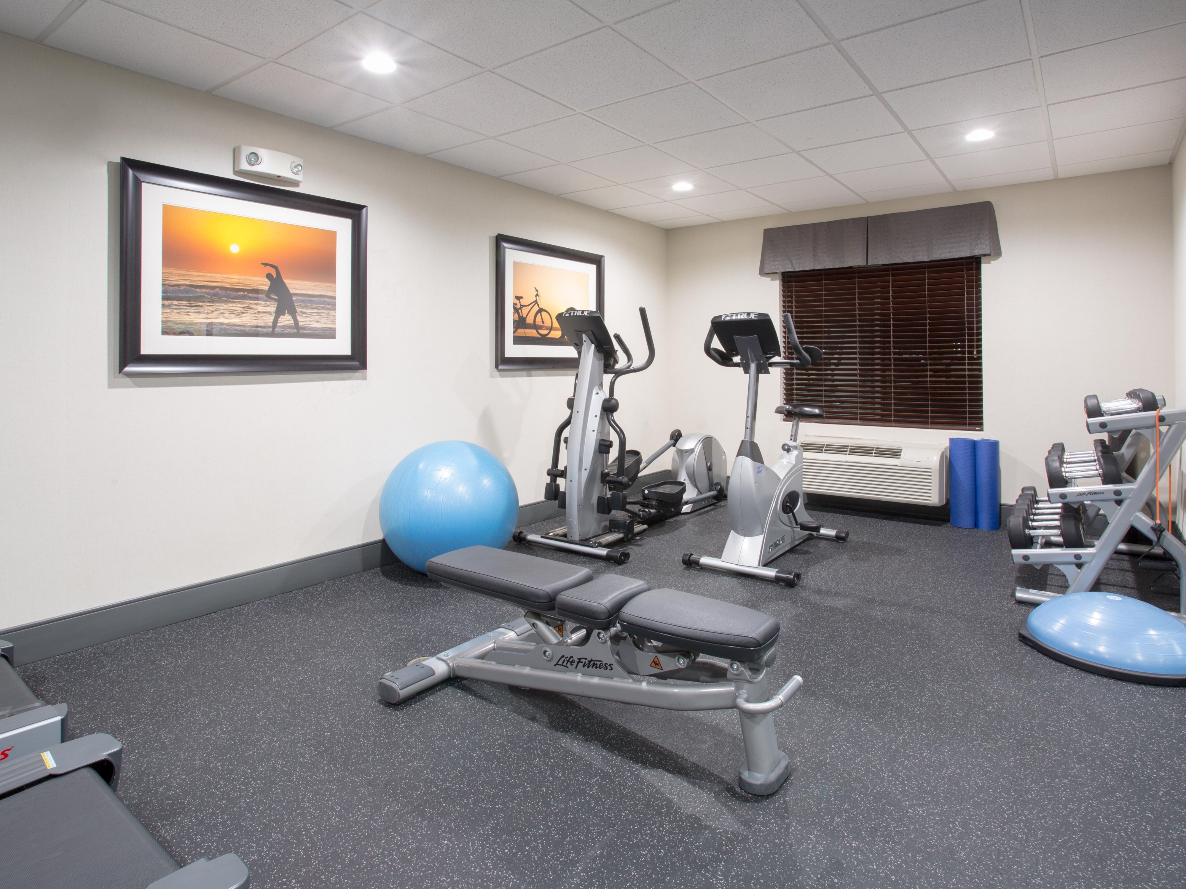 Our Fitness Center is open! Enjoy our free weights, yoga ball and mat, 2 treadmills, elliptical and a stationary bicycle. Call the front desk to check on restrictions and hours.