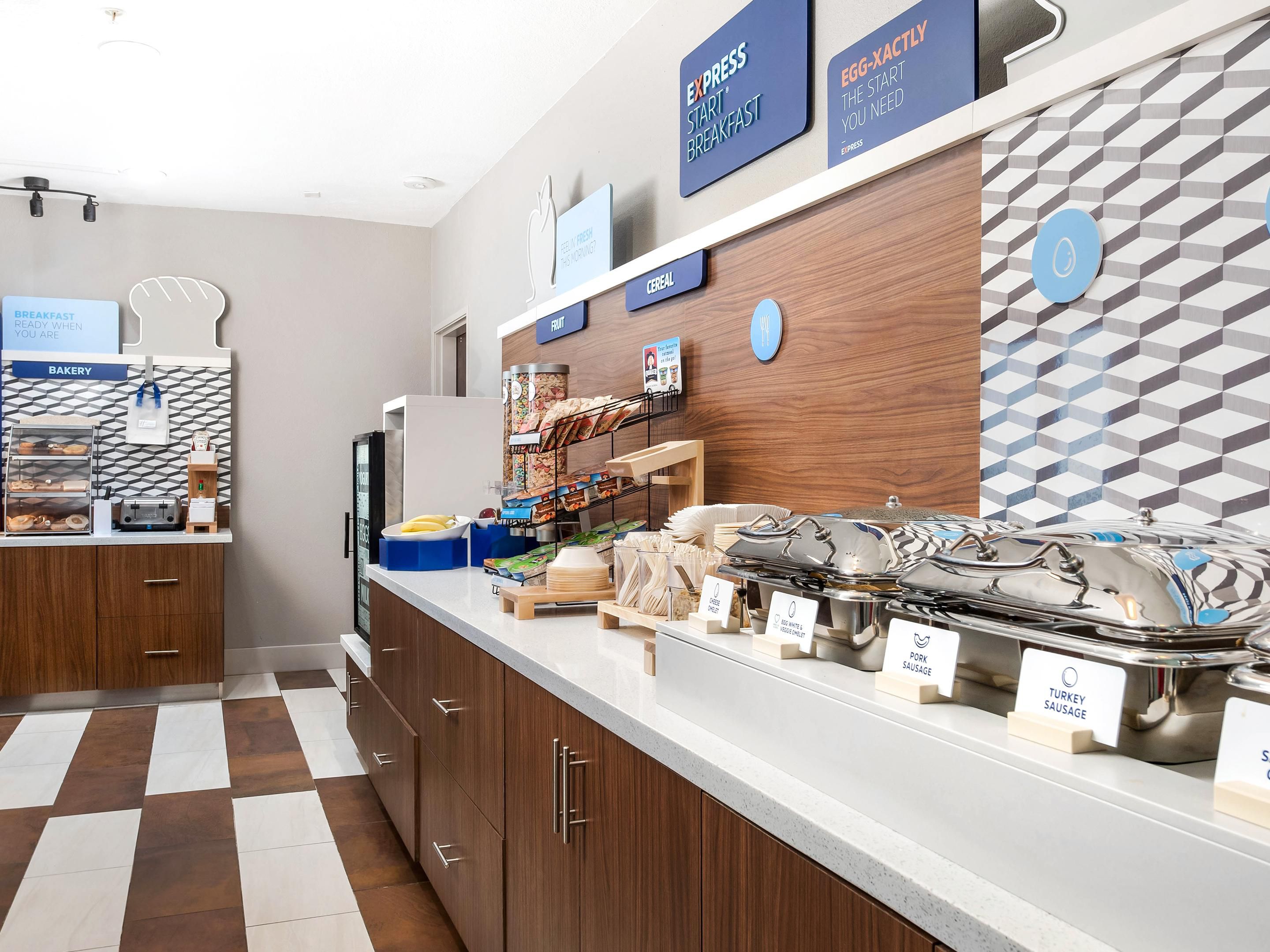 Our complimentary Breakfast bar offers a wide variety of hot & cold options including a rotation of egg & meat selections, biscuits or muffins, fruit, our famous cinnamon rolls & Smart Roast coffee.