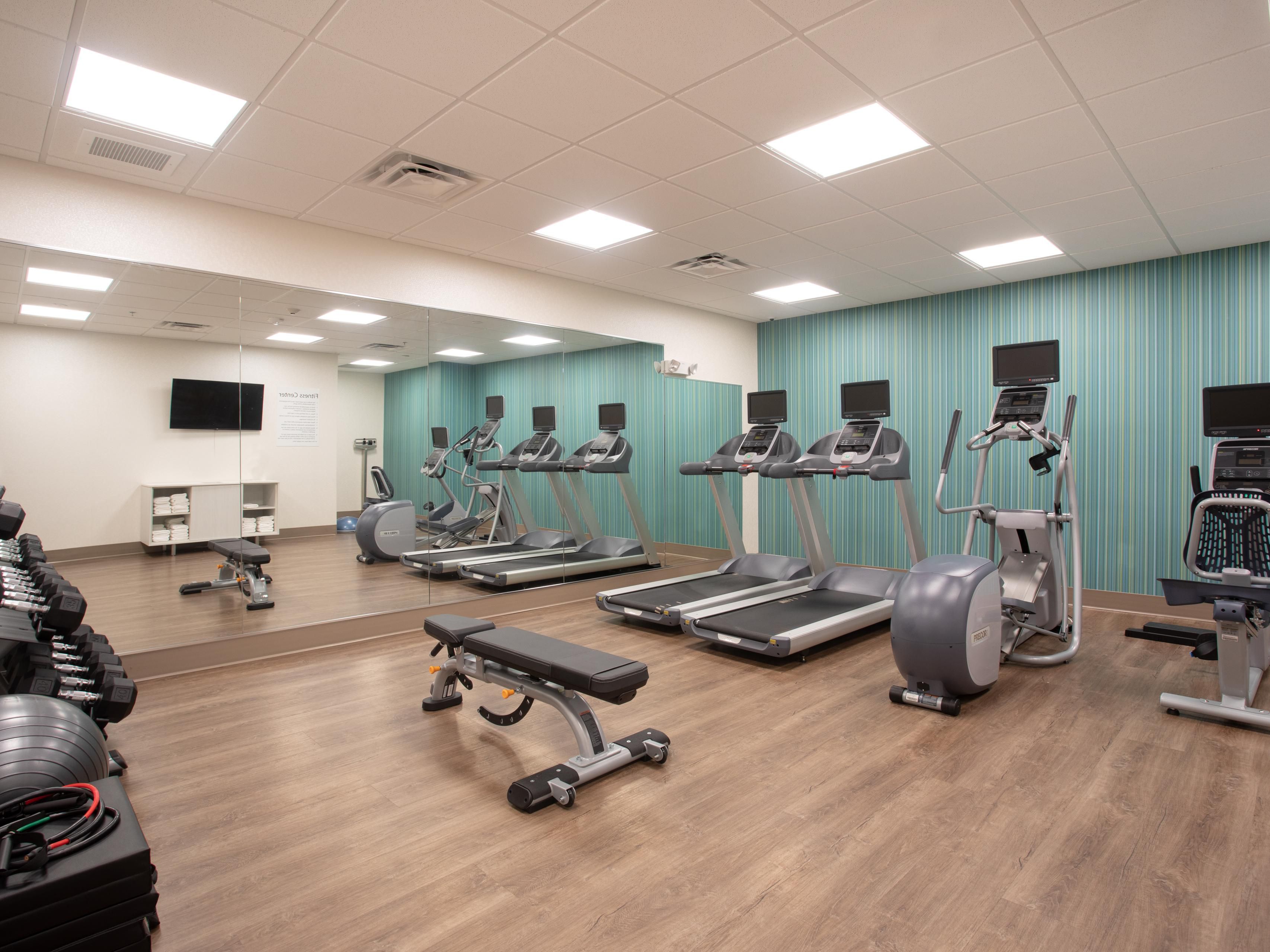 Enjoy our 24 Hour Fitness Center featuring PRECOR cardio equipment, free weights, a bosu and stability ball, and resistance bands.