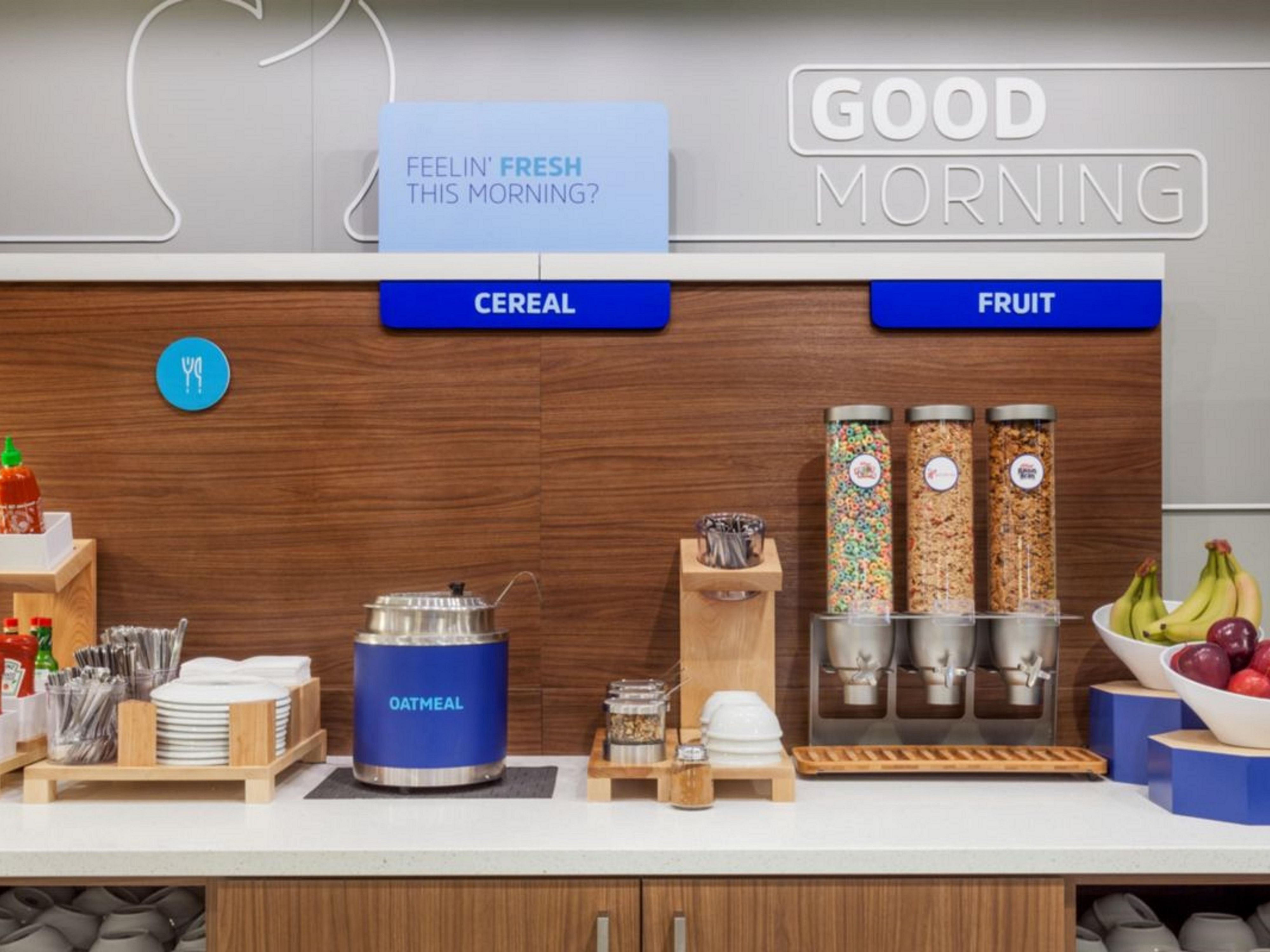 Fuel your day with our complimentary Express Start Breakfast Buffet featuring hot and cold options. Enjoy classics like scrambled eggs and bacon, fluffy pancakes, yogurt, cereal, and our Signature Cinnamon Rolls. Complement your meal with a freshly brewed coffee or juice. For those on the go, we offer convenient grab ‘n’ go options.