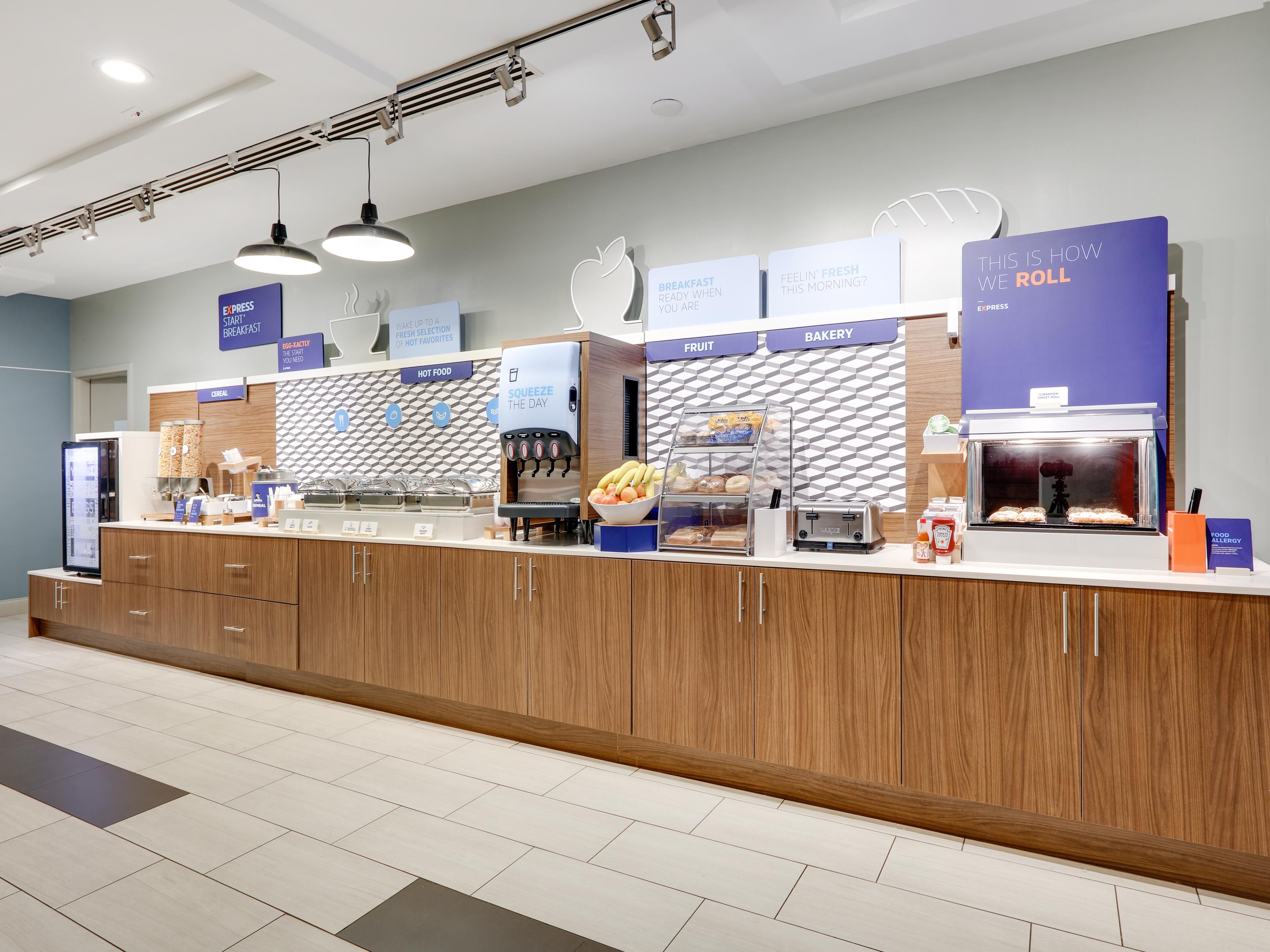 The Holiday Inn Express offers one of the best breakfast buffets in the area. Enjoy both hot and cold items each day. Hot items include Veggie and Cheese Omelets, Fluffy Pancakes, Cinnamon Rolls and Turkey Sausage every day. Scrambled Eggs, Cheese Omelets, Crispy Bacon, Pork Sausage, Biscuits, and Sausage Gravy rotate each day. 