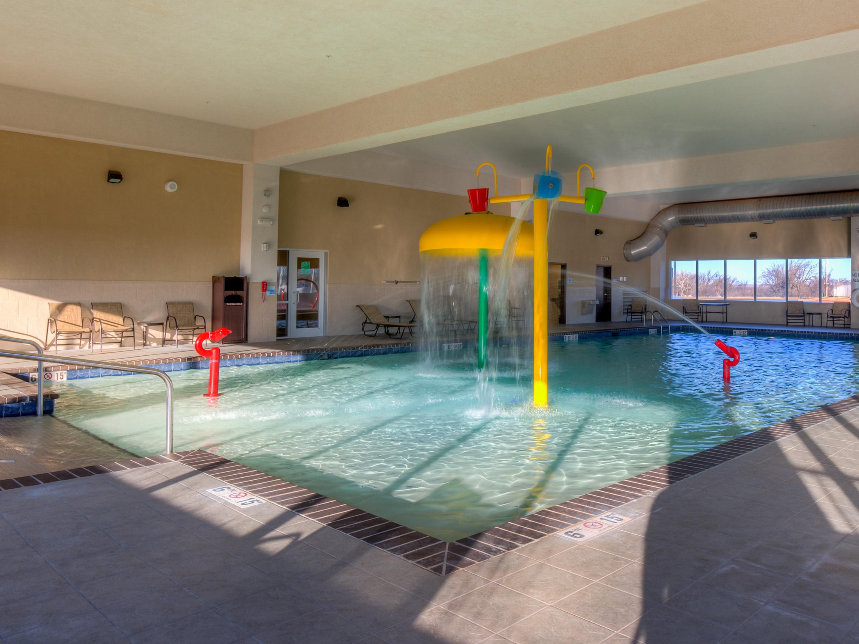 With a separate splash pad for kids, the whole family can enjoy our indoor pool with fun sprayers and lounge chairs.