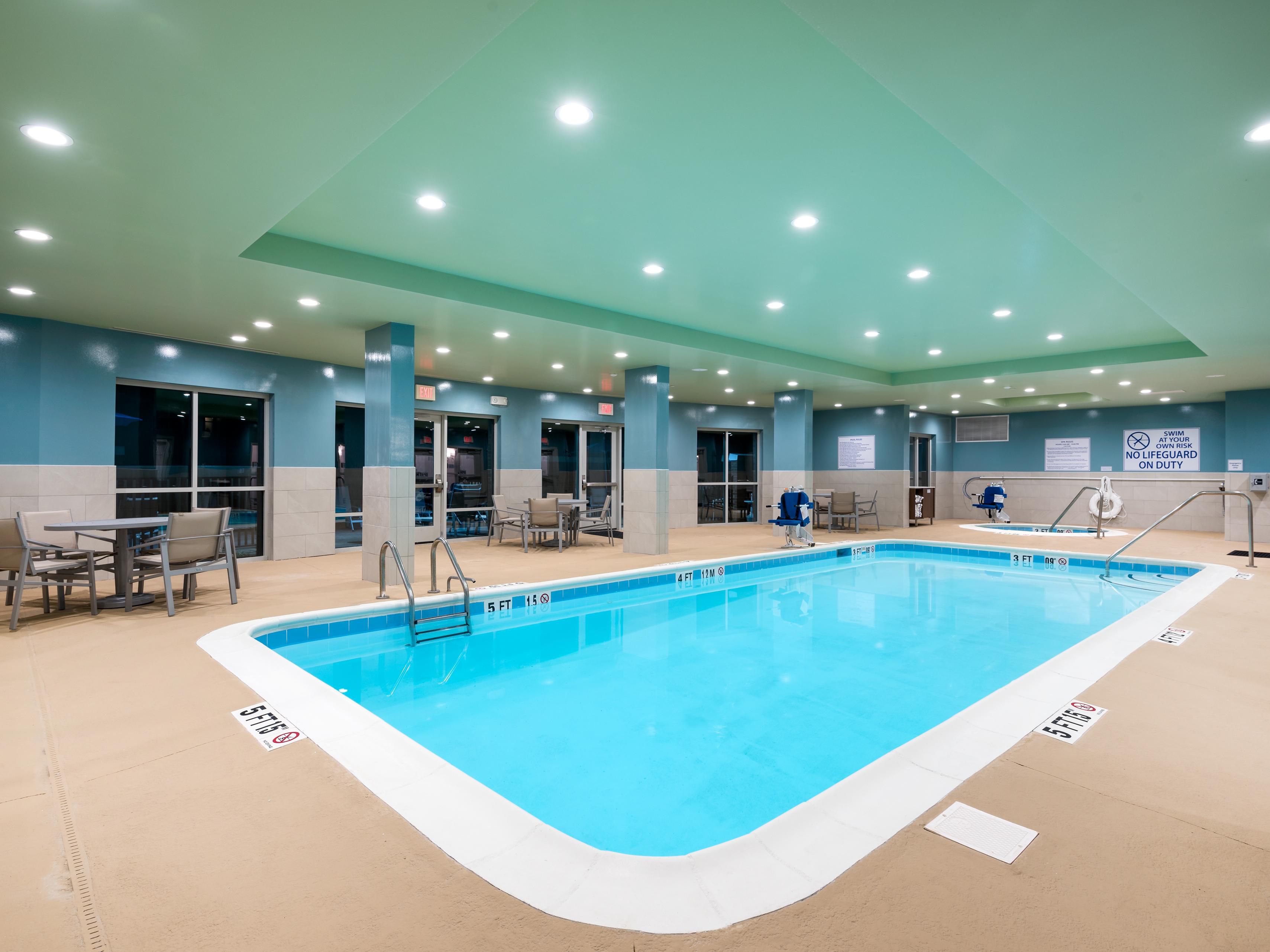 Take a dip in our indoor saltwater pool or enjoy a soothing soak in our hot tub. Whether you swim morning laps, enjoy an afternoon splash, or prefer a leisurely evening soak, our indoor pool area is the perfect place for recreation and relaxation. Daily hours are from 9:00 AM – 10:00 PM.