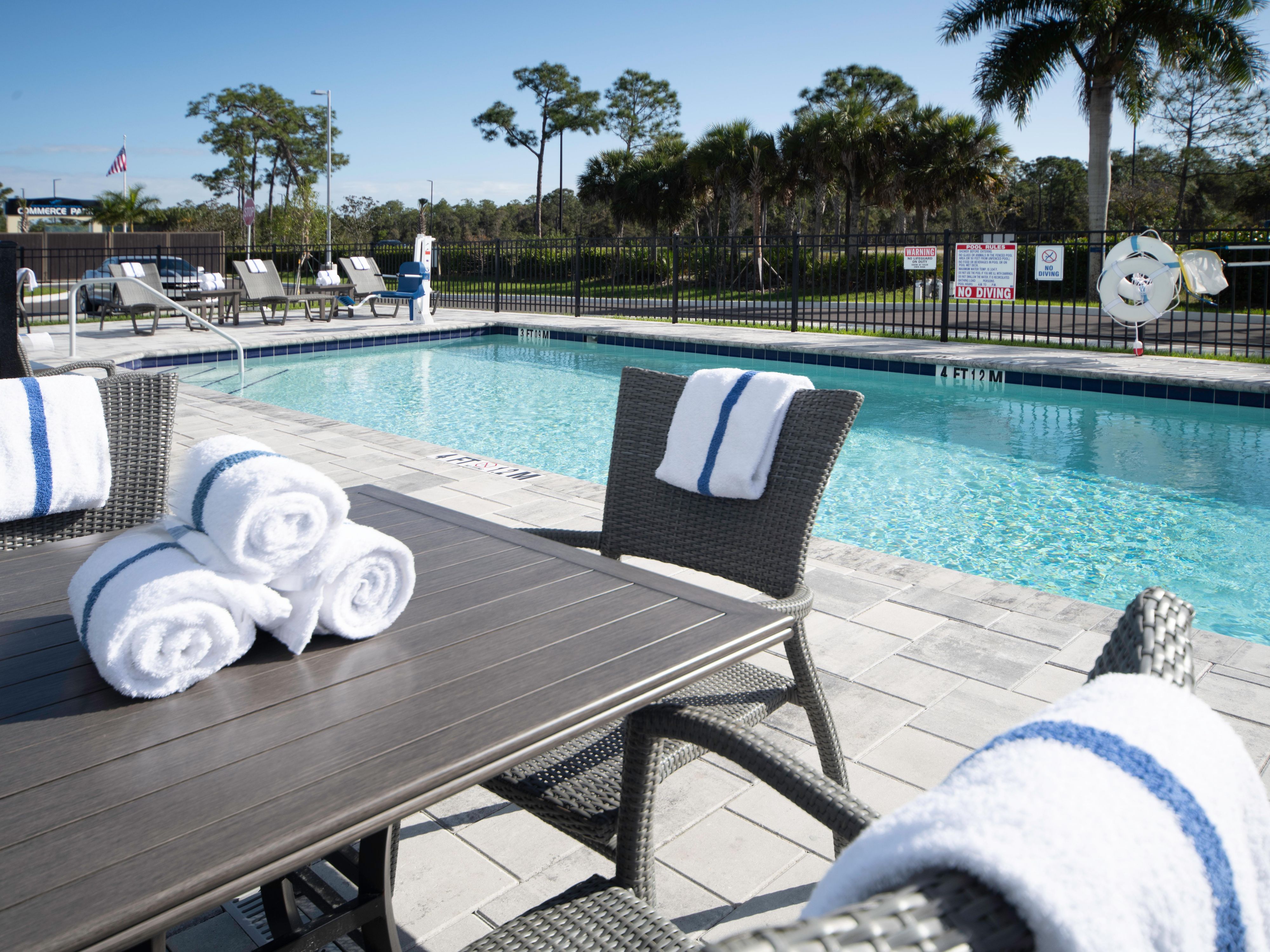 Our complimentary, state-of-the-art fitness center makes it easy for you to work out or have fun and stay fit by swimming a few laps in our outdoor pool.