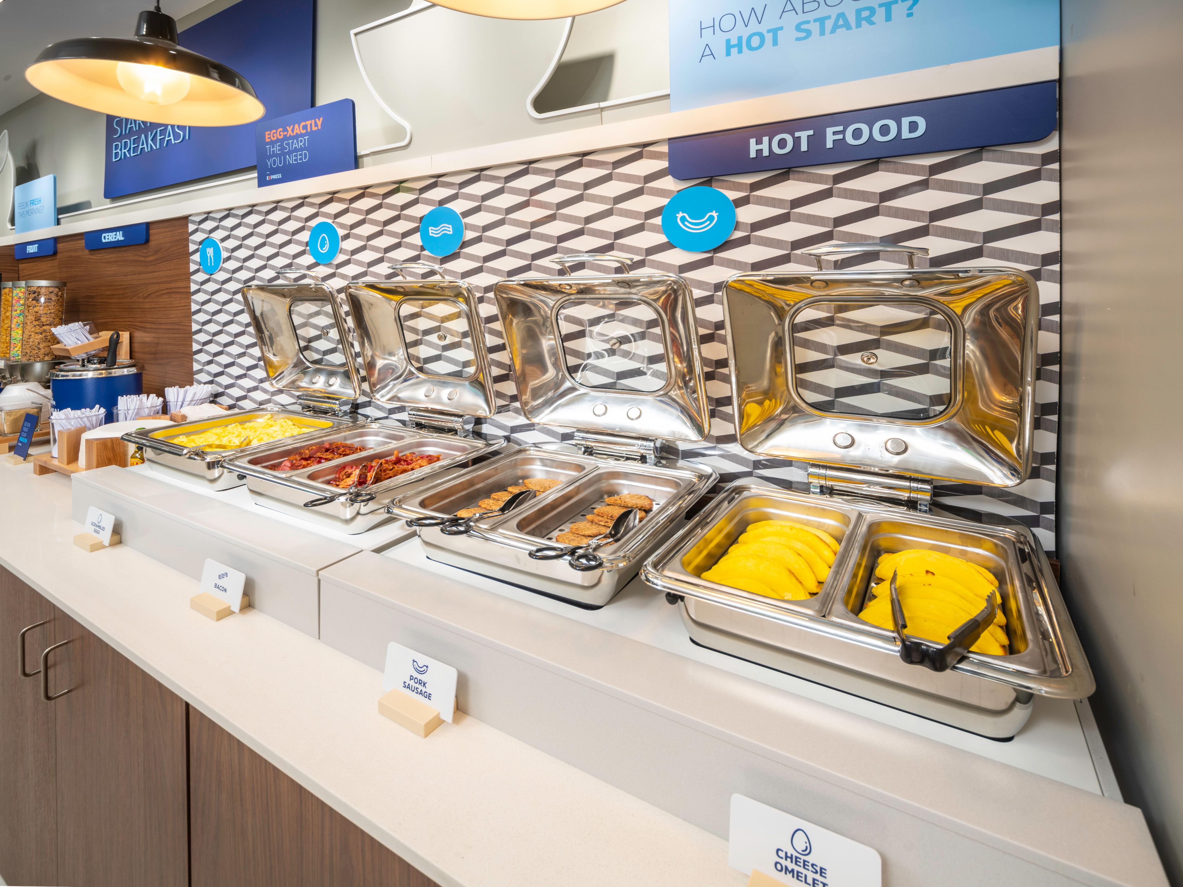 Wake up each morning and jump-start your stay at our Complimentary Express Start Breakfast bar. You will find a full range of breakfast items including egg white omelets, Chobani yogurt, whole wheat English muffins, oatmeal, cereal and a one-touch pancake machine.