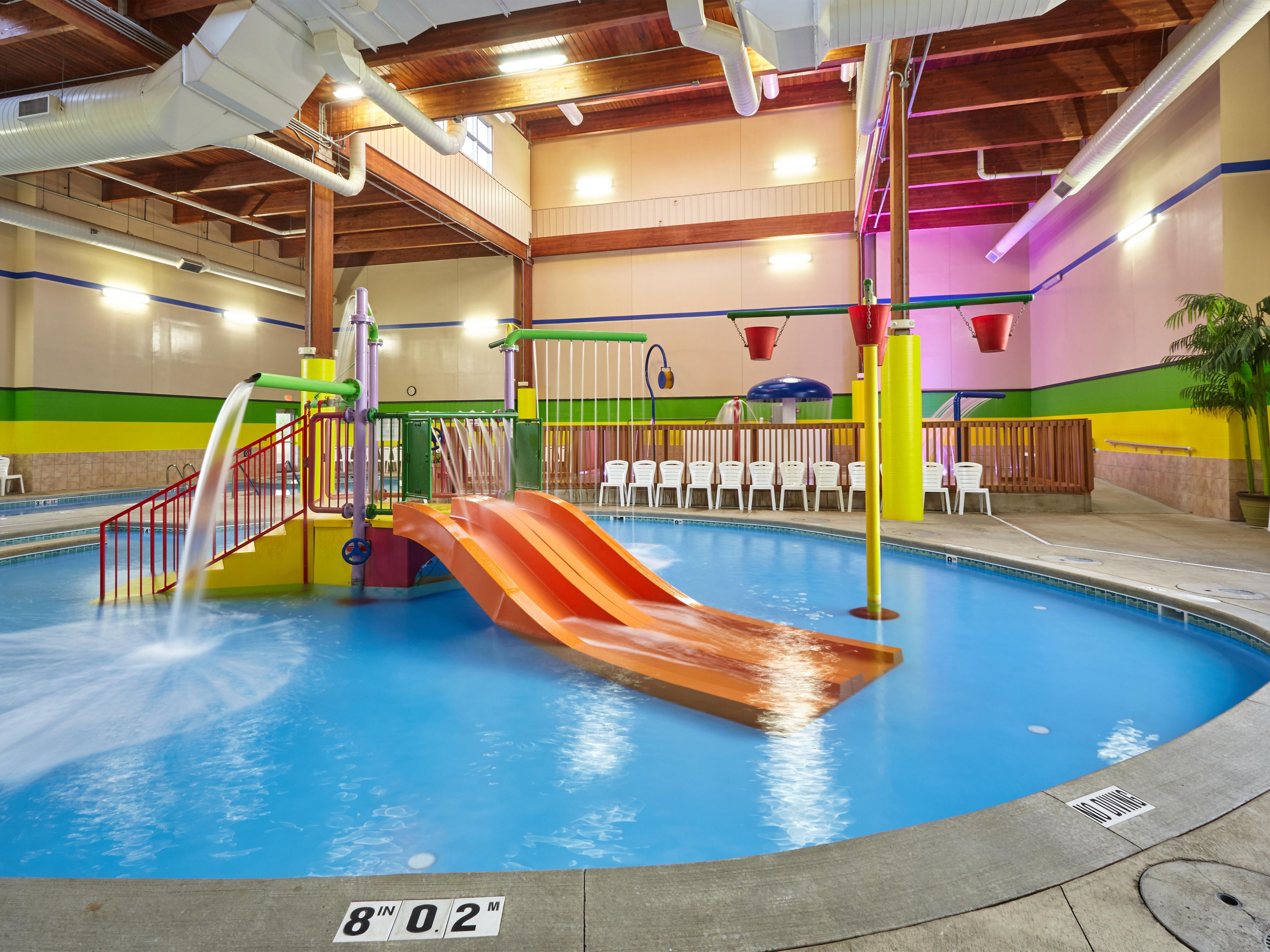 Dive into fun at our indoor pool area, featuring a Little Dip Splash Pad. With slides, waterfalls, and interactive features, your kids will enjoy endless aquatic adventures while you relax poolside. Four bracelets included in room rental.  See front desk staff to purchase additional bracelets Sunday – Friday only.