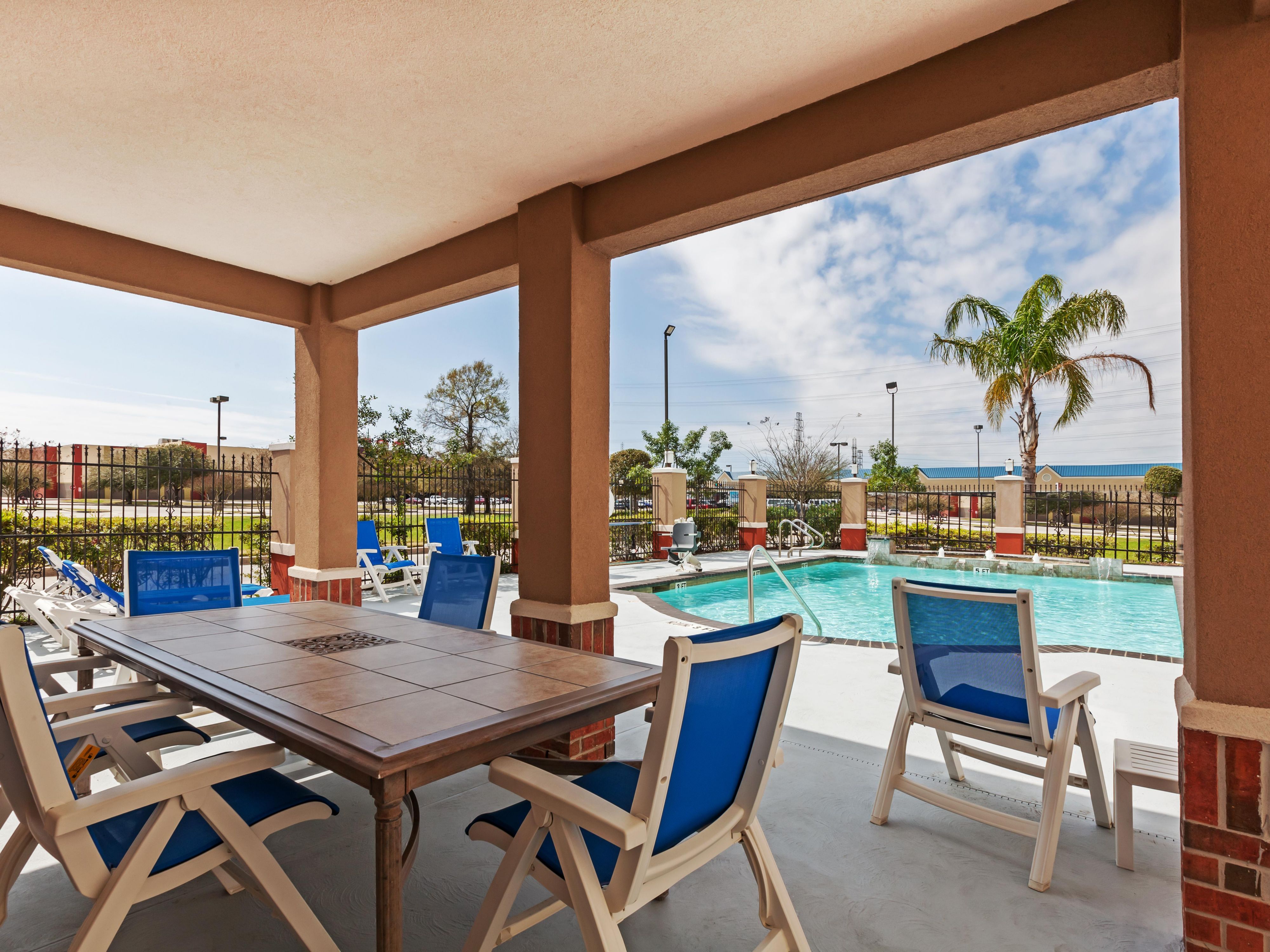 Take a break and unwind at our outdoor pool oasis after a long day of work or travel. Soak up the sun on our comfortable loungers, cool off under the refreshing waterfall, or simply relax on the spacious patio. Whether you're here for fun or relaxation, our pool offers the perfect retreat. Open daily from 8:00 AM to 10:00 PM.