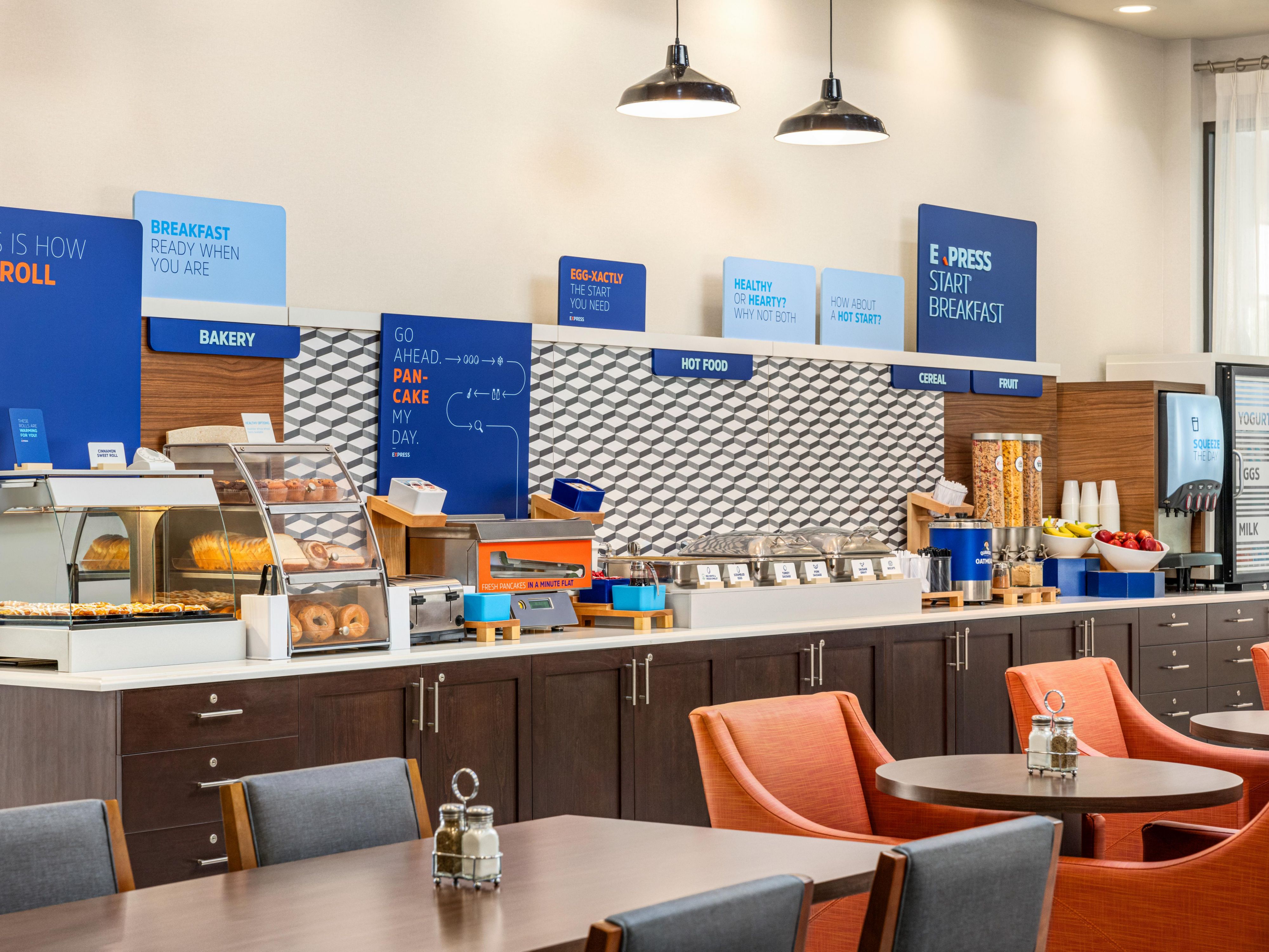 Our complimentary Express Start Breakfast bar offers hot items such as biscuits, gravy, scrambled eggs and sausage, cold items, juices and coffee.