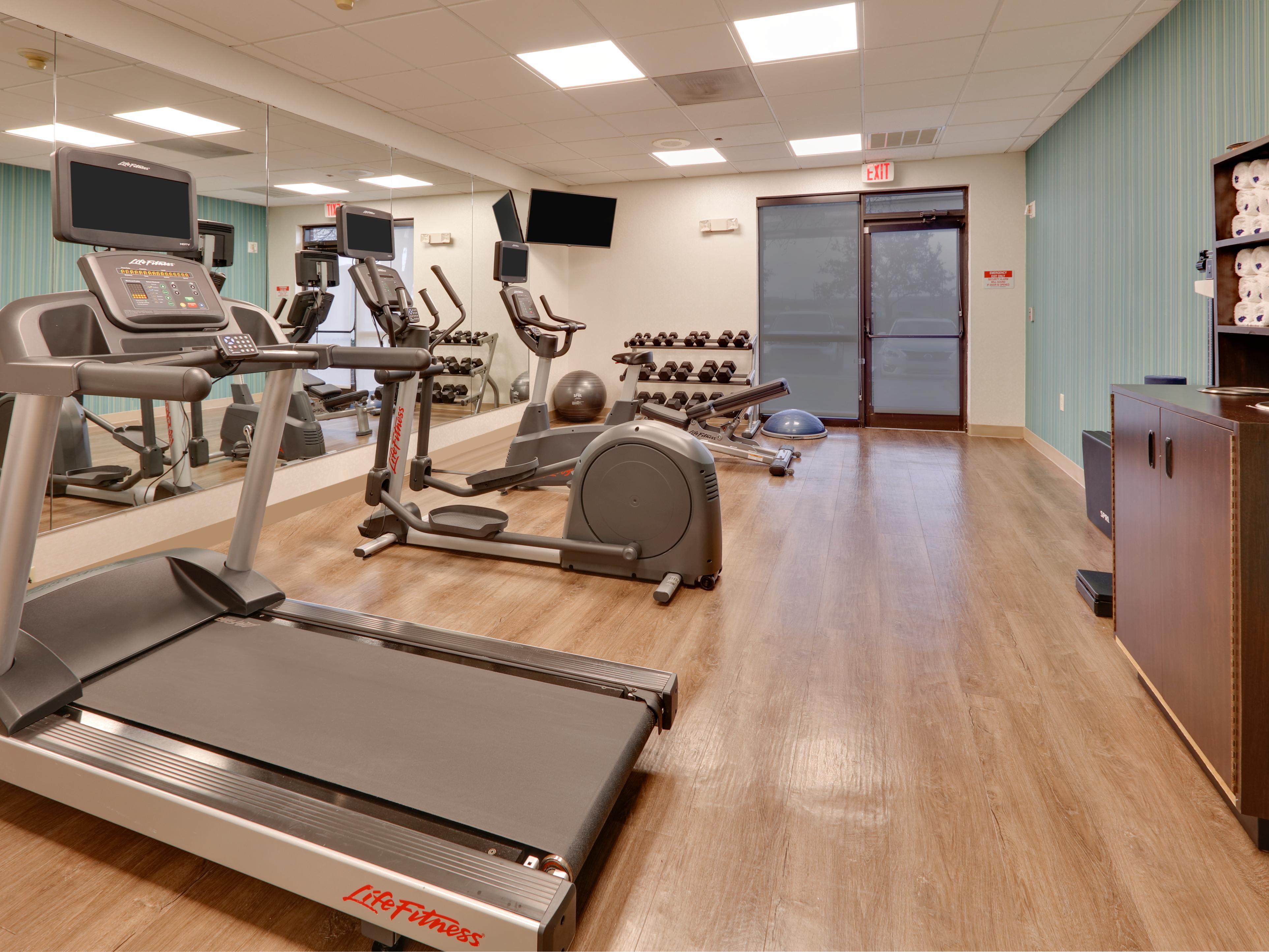 Our Fitness Center is available seven days a week to help our guests maintain their healthy lifestyle while away from home. We have treadmills, elliptical machines, a stationary bike and free weights.