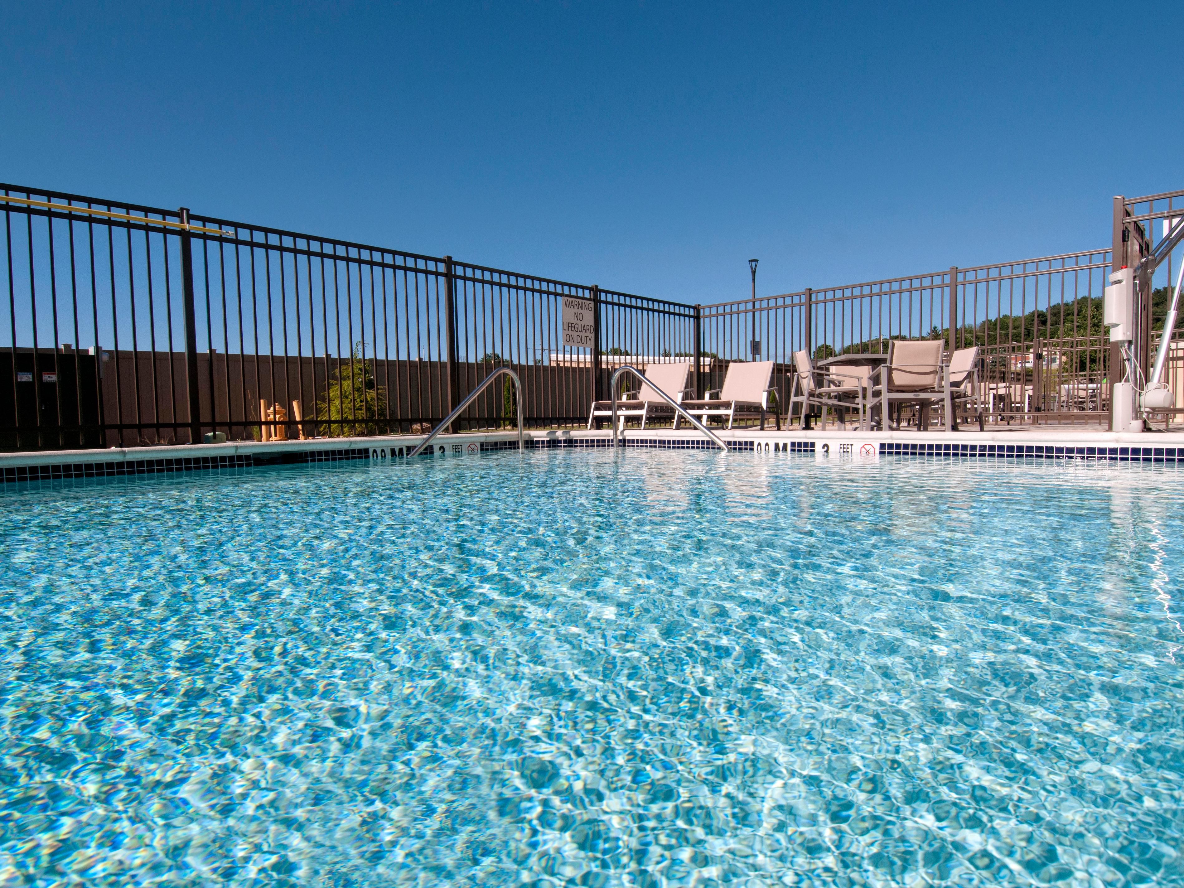 During the upcoming warm summer months, don't forget to make time for a swim in our outdoor, heated pool!  Or sit poolside while the family splashes around and get lost in a great book while lounging on the patio furniture.  Our pool opens Memorial Day weekend and will close Labor Day weekend...plenty of days to dip your toes in and relax.   
