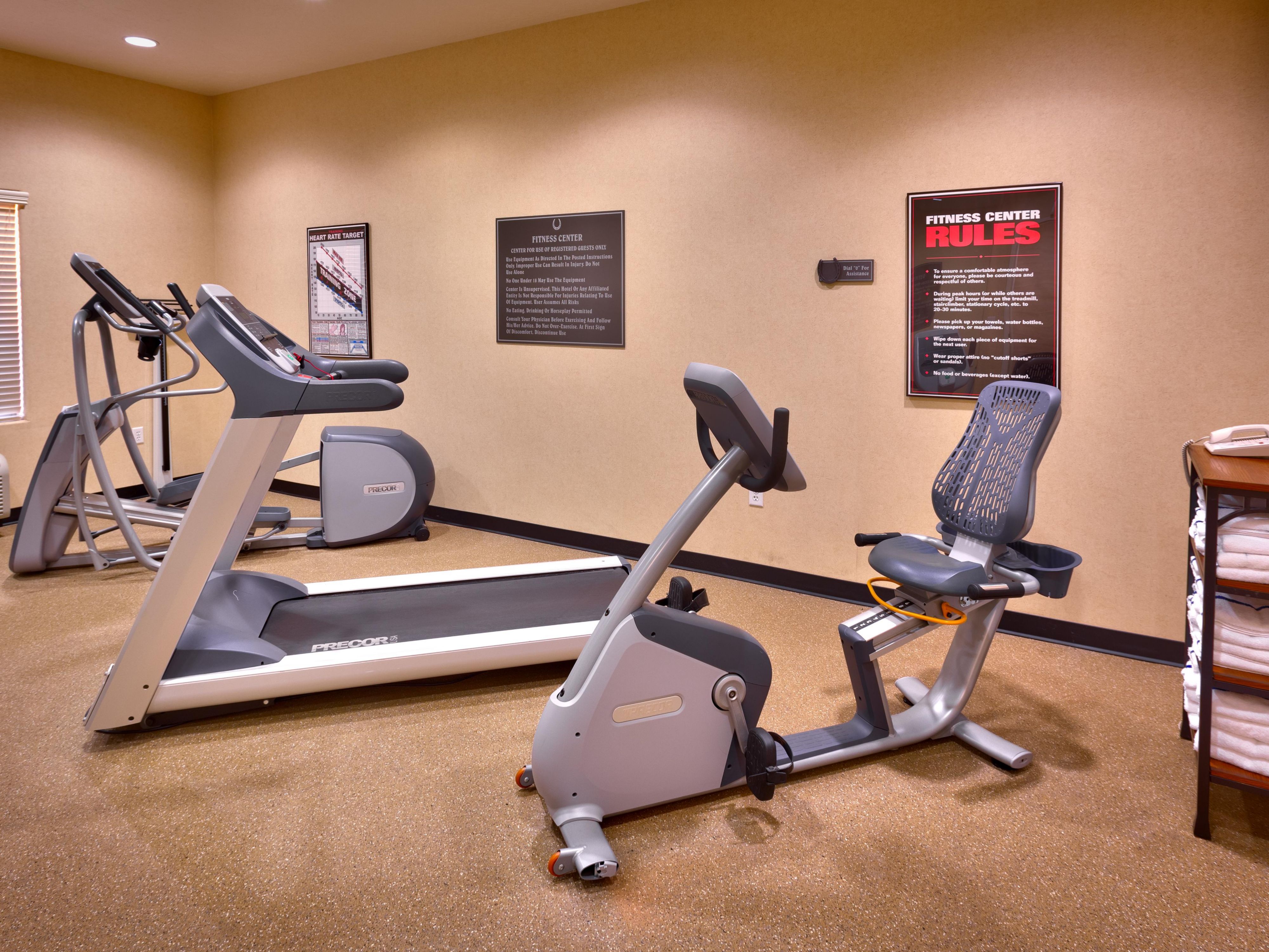 Get your heart pumping in our fitness center, open 24 hours a day, every day, for your convenience. With a stationary bicycle, elliptical machine, and treadmill, there’s something here for every fitness fan. We keep the room stocked with fresh, clean towels for you to use during your workout.