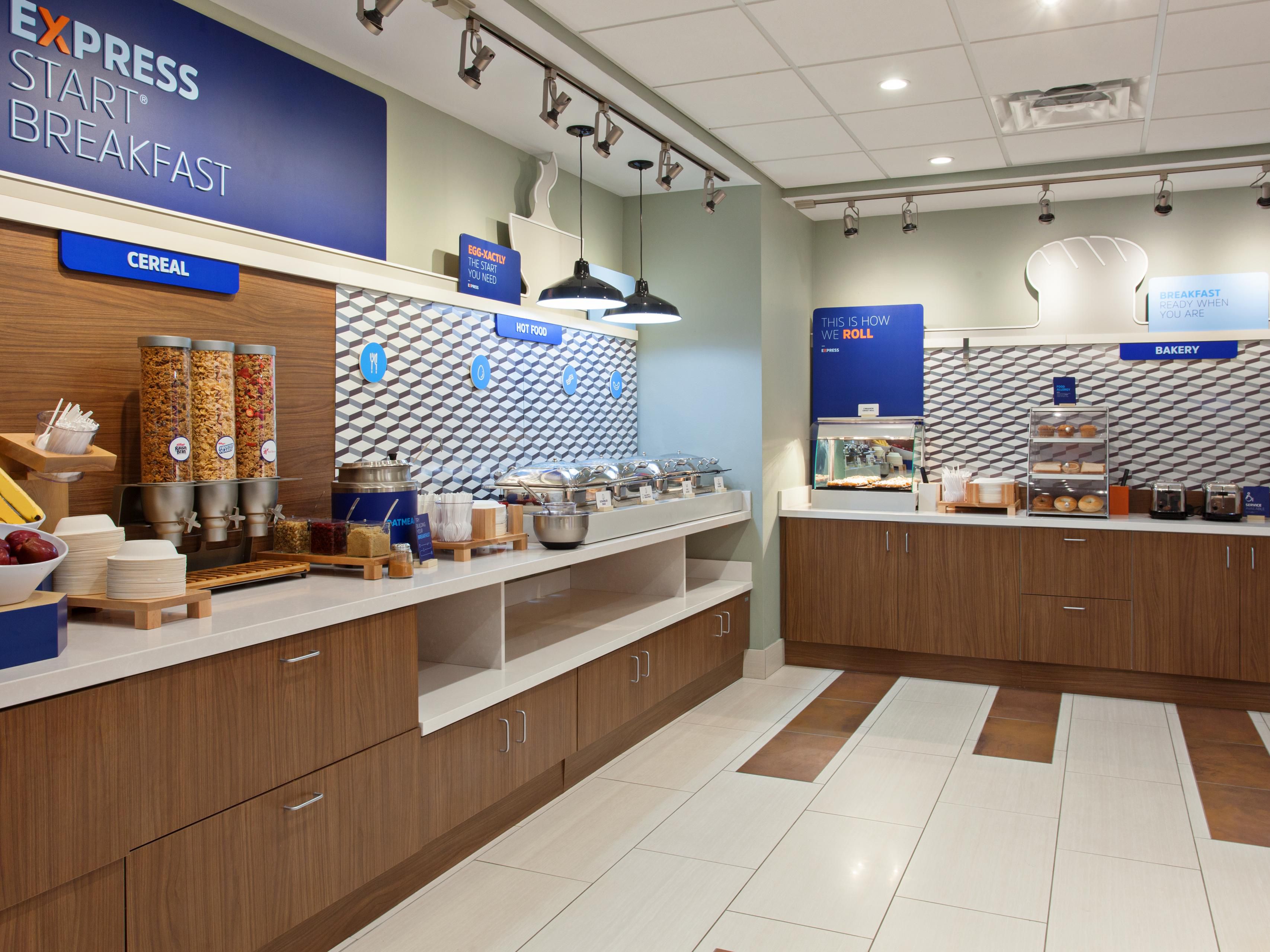 The Holiday Inn Express offers one of the best breakfast buffets in the area. Enjoy both hot and cold items each day. Hot items include veggie and cheese omelets, scrambled eggs, crispy bacon, sausage, turkey sausage, fluffy pancakes, and gooey cinnamon buns.