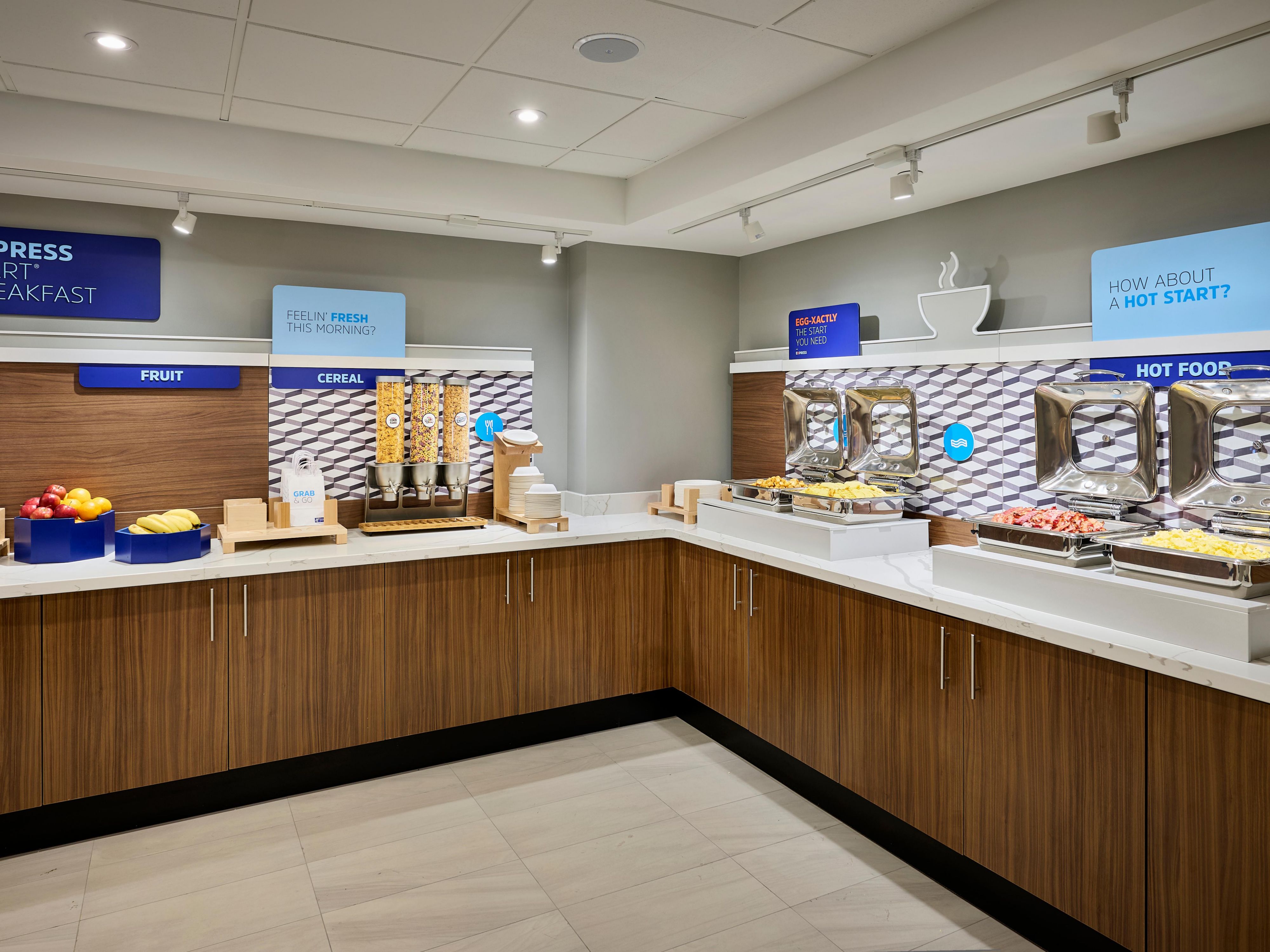 Offering a complimentary hot breakfast with every stay. Staple classics like our hot cinnamon rolls, pancakes, eggs, bacon and cereal. In addition, with alternative options such as oatmeal and fresh fruit, you are sure to start the day off right. No time to sit down? Help yourself to a Grab and Go bag for the road.