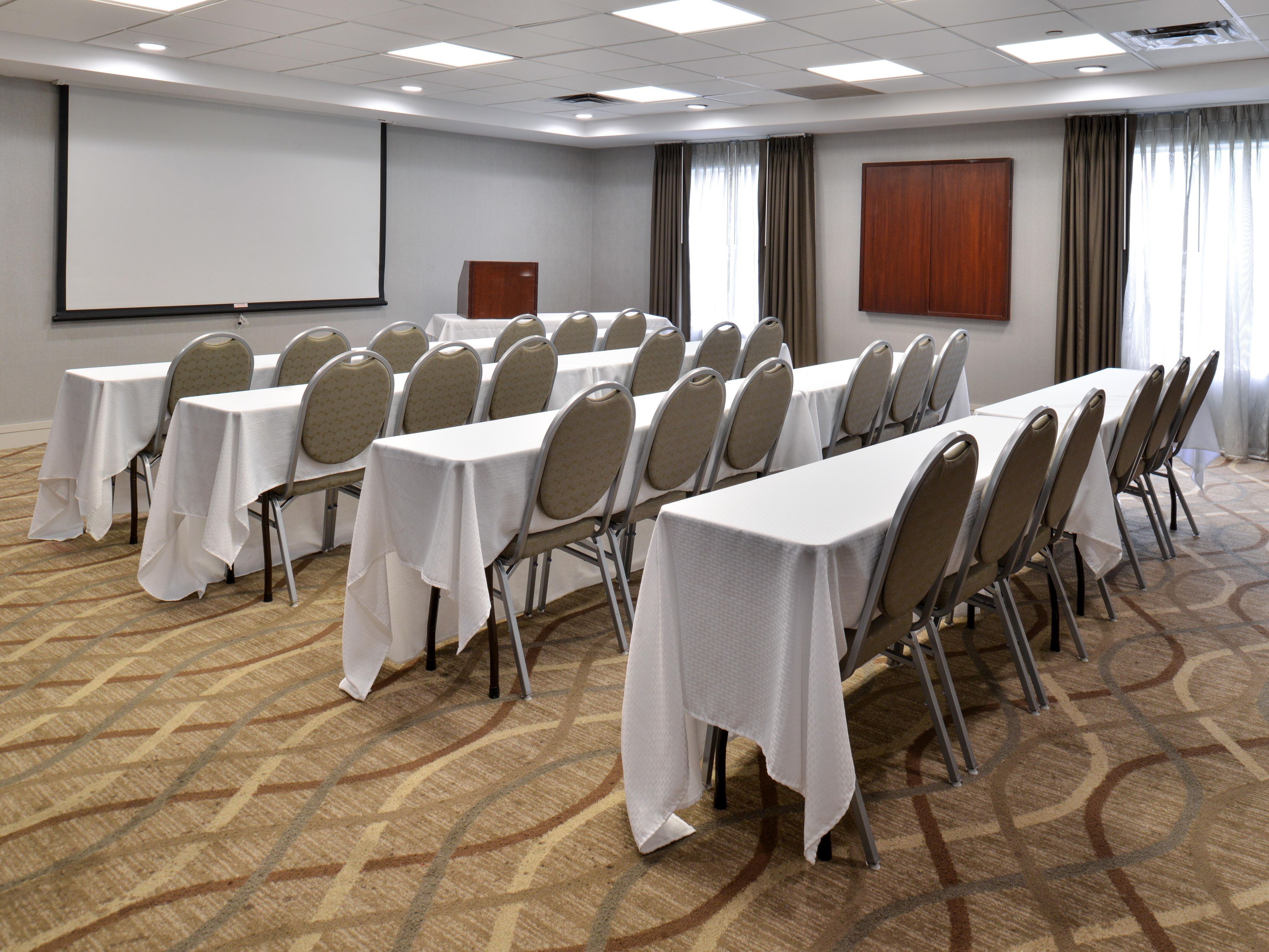 Contact the hotel to book your next meeting. Flexible meeting space that can seat 35 theater seating or 25 people in rounds or classroom. Book now.