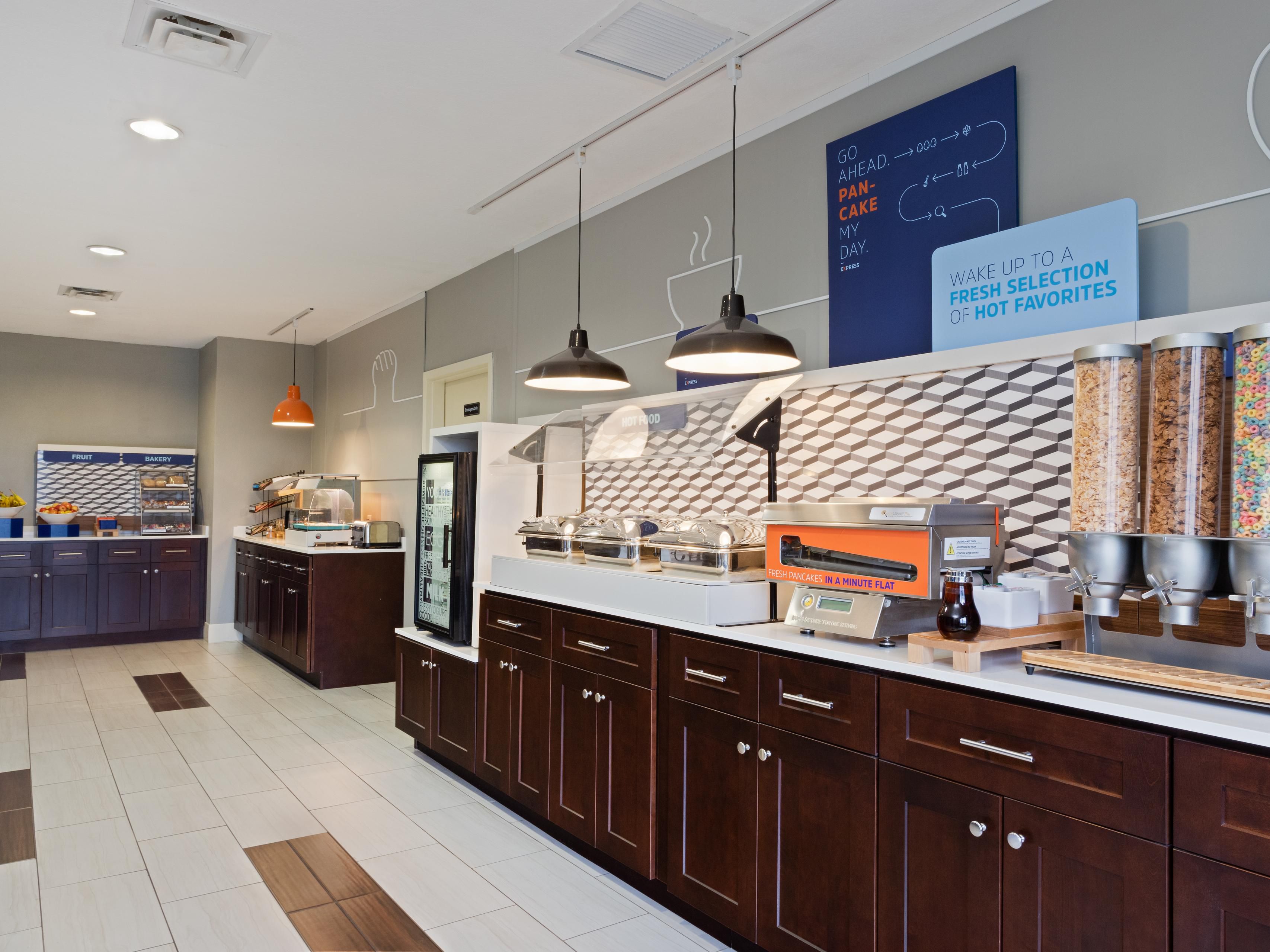 Fuel your day with our complimentary Express Start® Breakfast buffet filled with delicious hot and cold selections. Enjoy classic favorites like scrambled eggs, sausage or bacon, and pancakes, plus cereal, yogurt, and fresh fruit. Save room for our Signature Cinnamon Rolls! Served daily 6:30 AM – 9:30 AM.