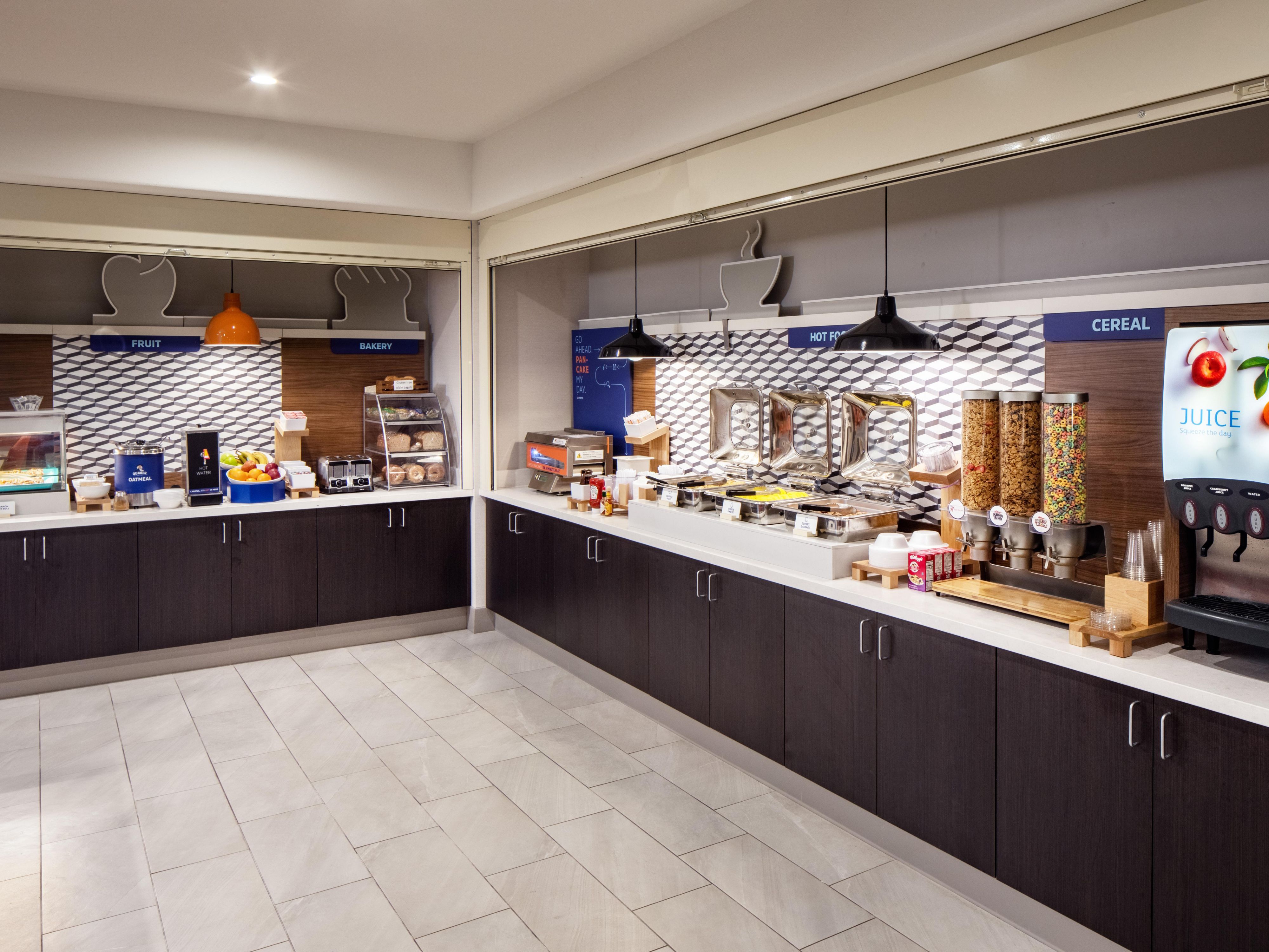 Kickstart your day with our complimentary Express Start Breakfast Bar and fuel up with a delightful array of morning favorites. From eggs and sausage or bacon to cereal, yogurt, and signature cinnamon rolls, our selection is sure to please. Complement your meal with freshly brewed coffee, tea, or juice.