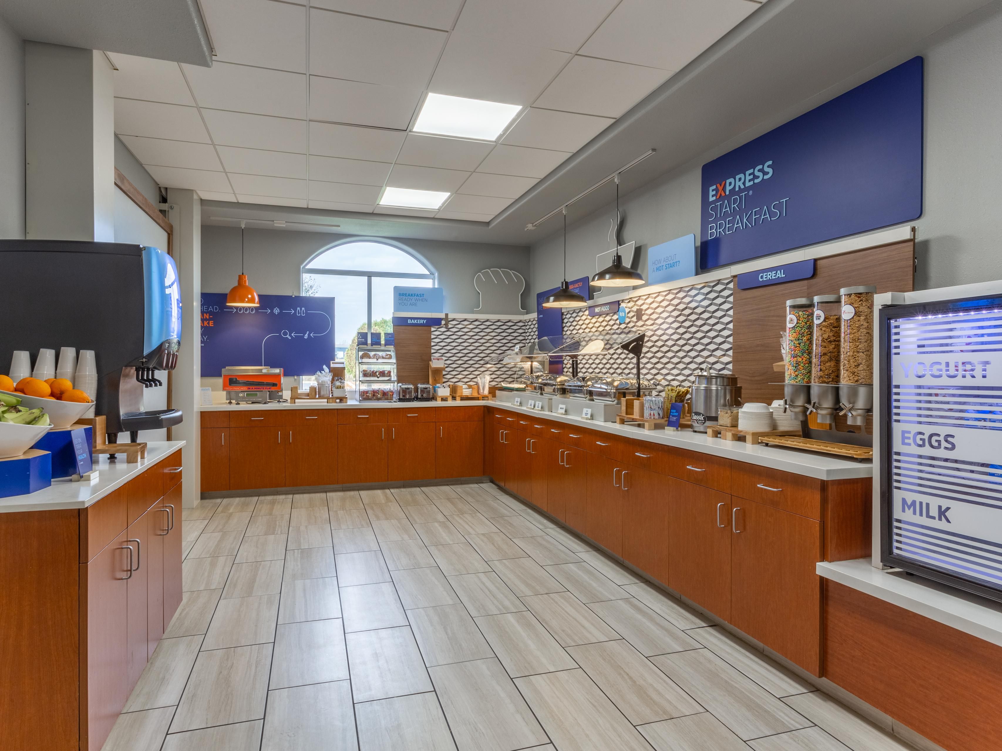 Start your day with our complimentary Express Start breakfast - a delicious spread of hot and cold items, convenient grab-and-go options, and freshly brewed coffee, available to you daily.
