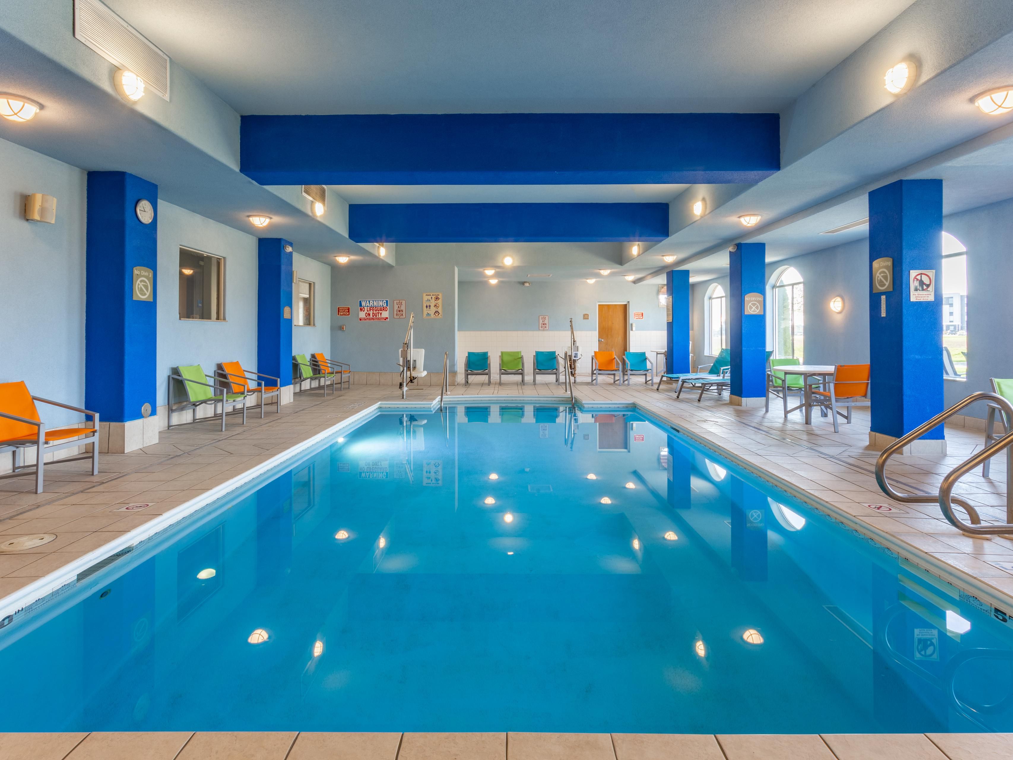 Enjoy a relaxing swim in our indoor heated pool, followed by a workout at our fitness center. Then, step outside and unwind on our patio.