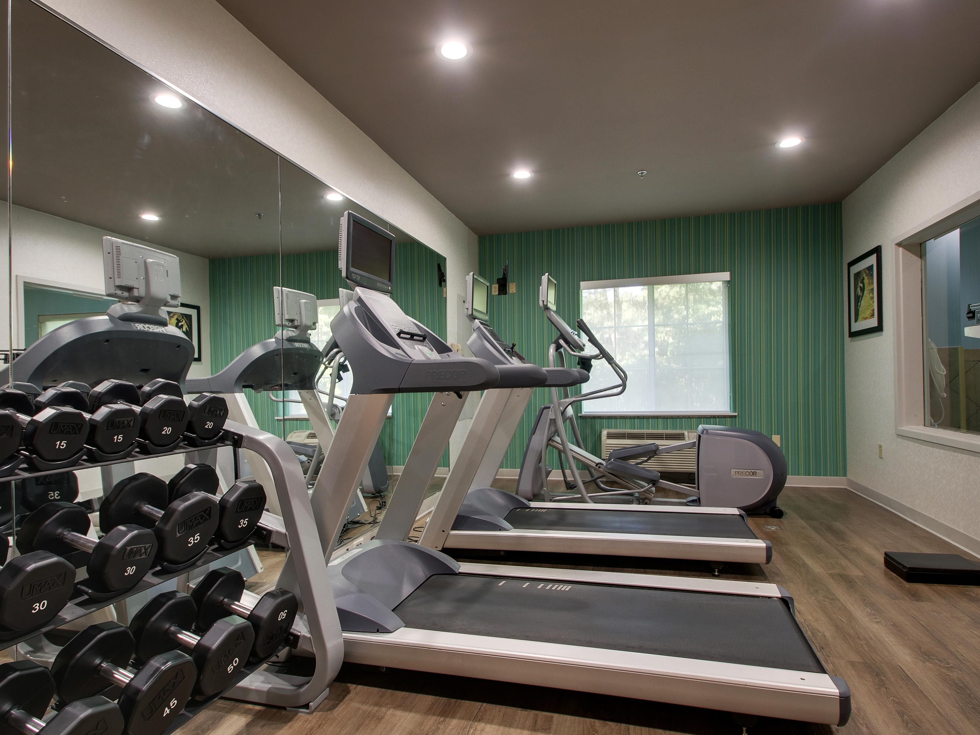 We offer a 24-hour Fitness Center with an elliptical, treadmill and free weights to keep up your workout while you are away from home. 