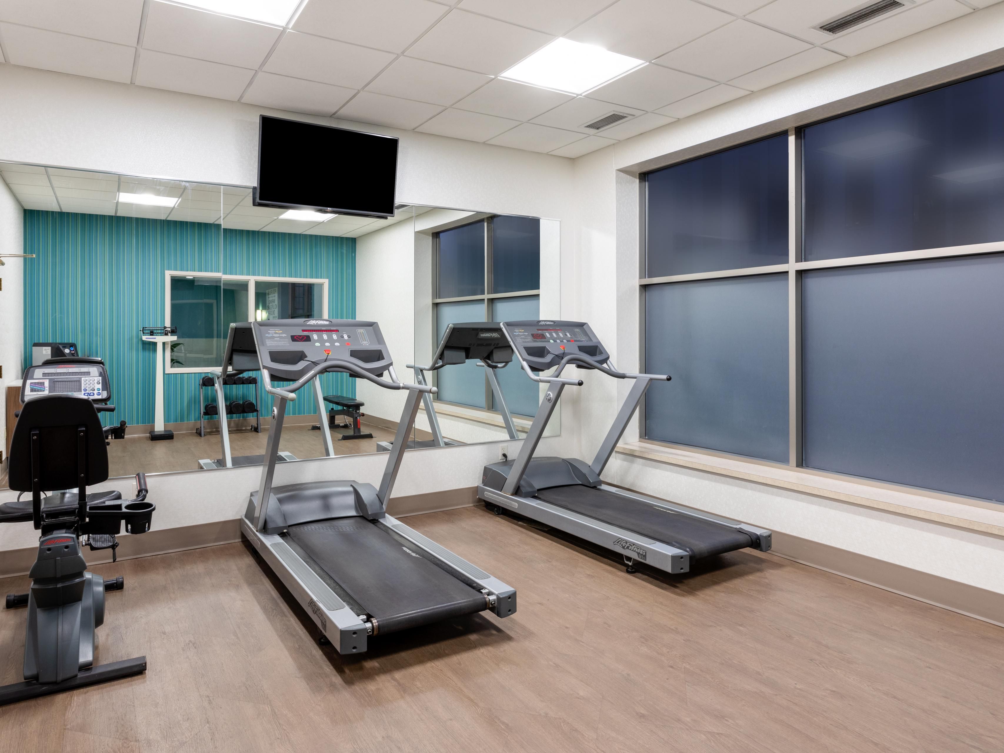 Our on-site fitness center is open 24-hours so you can stay active away from home.