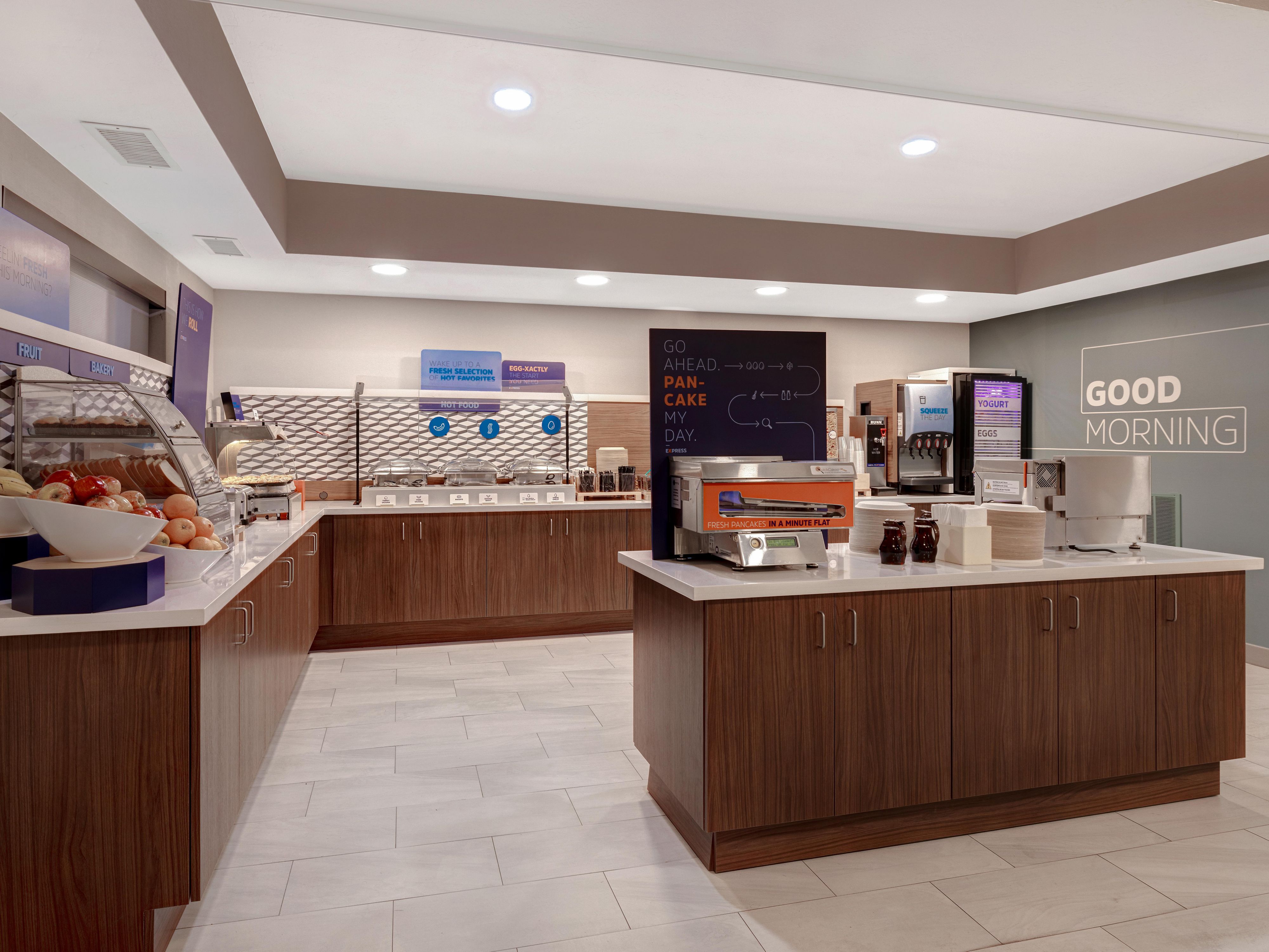 Want something sweet? Our one-touch pancake machine will have our signature pancakes ready in one-minute flat. More into savory? We offer fresh bacon, sausage, scrambled eggs, and biscuits & gravy. As always, our complimentary hot coffee is available around the clock. So grab a plate, fuel up, and Be The Readiest to conquer your day.