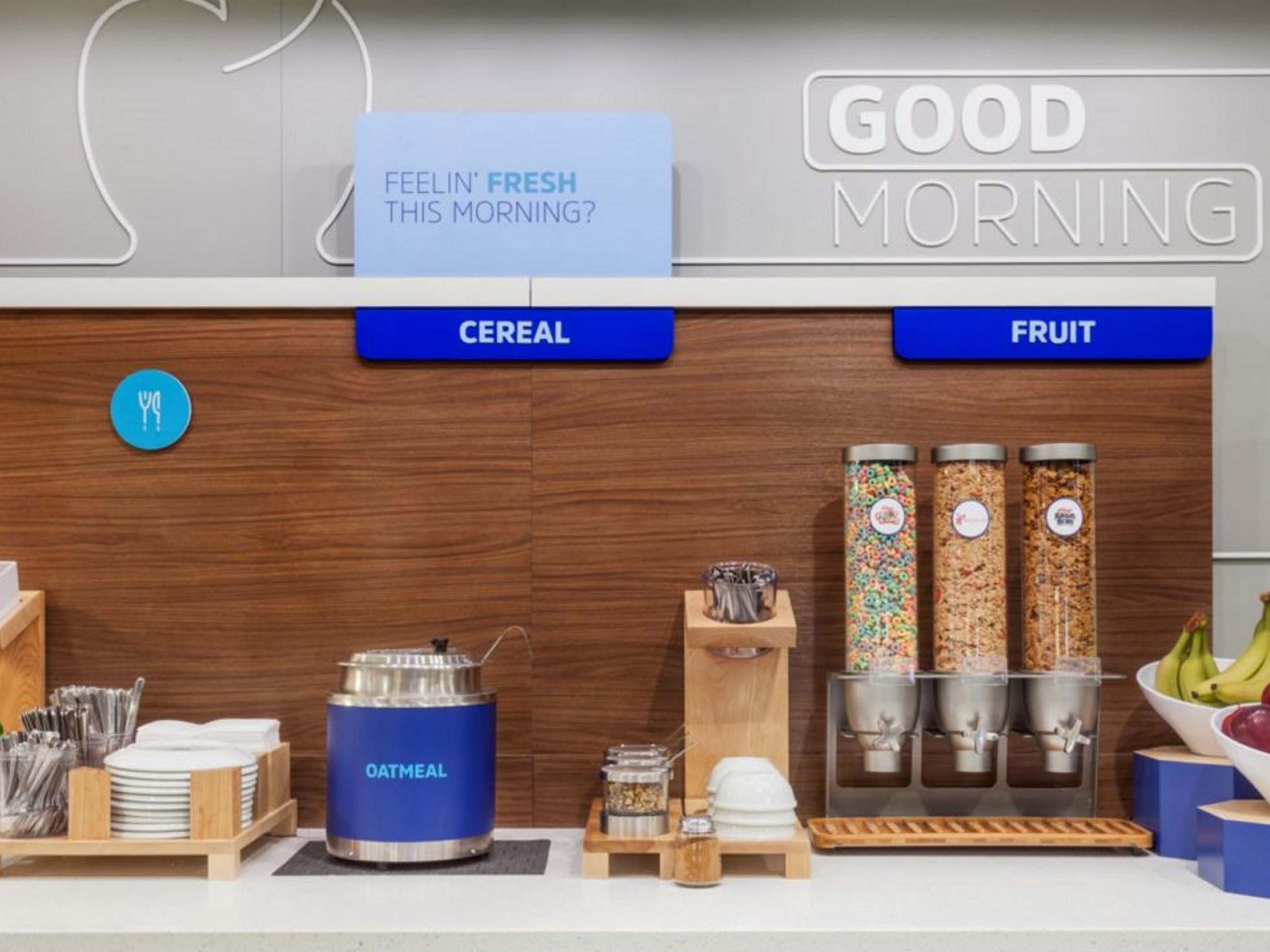 Fuel your day with our free Express Start® Breakfast buffet, featuring hot and cold selections. Savor classics like eggs and bacon, pancakes, and our signature cinnamon rolls. Enjoy cereal, fruit, and yogurt with fresh coffee. Breakfast is served from 6:30 AM to 9:30 AM on weekdays and from 7:00 AM to 10:00 AM on weekends.