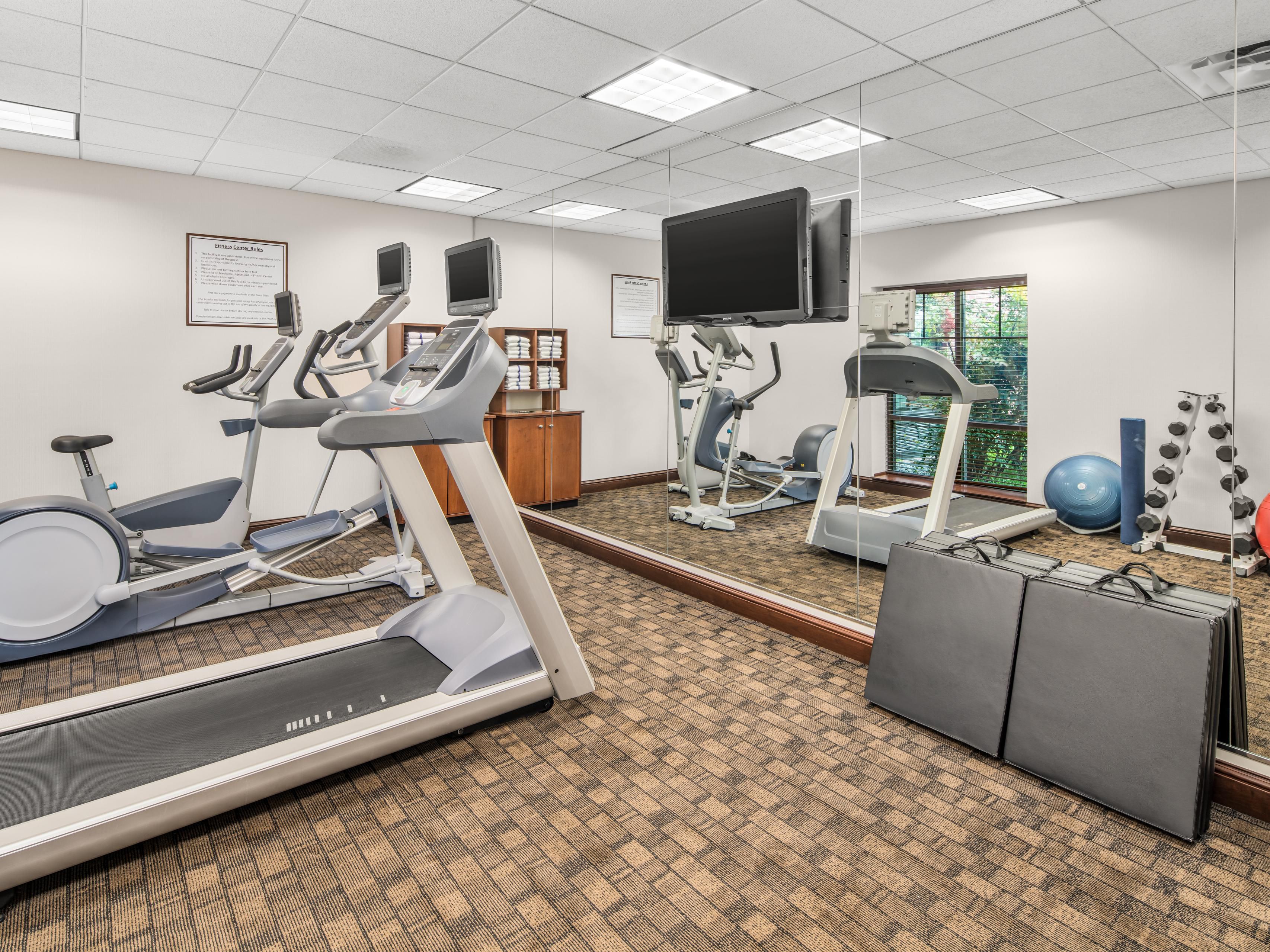 Get your sweat on in our 24-hour complimentary, fully equipped Fitness Center with treadmill, elliptical, recumbent bike and free weights.