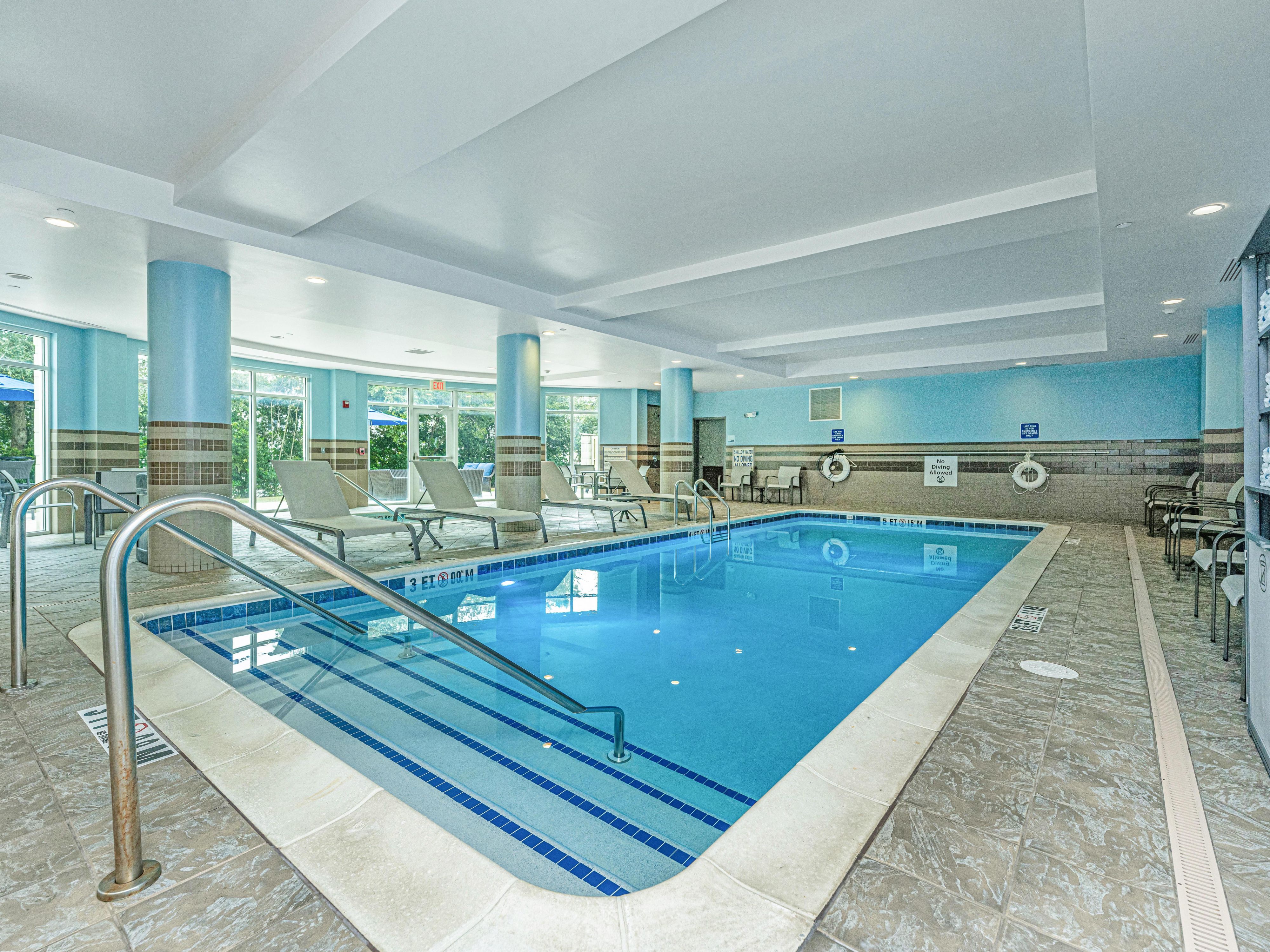 Take a dip in our inviting indoor heated pool from 6:00 AM – 10:00 PM daily. With natural lighting and lounge chairs, our pool area is the perfect place to relax, swim laps, and make a splash. Unwind with a soothing soak in our hot tub, or soak in the sun on our connecting outdoor patio.
