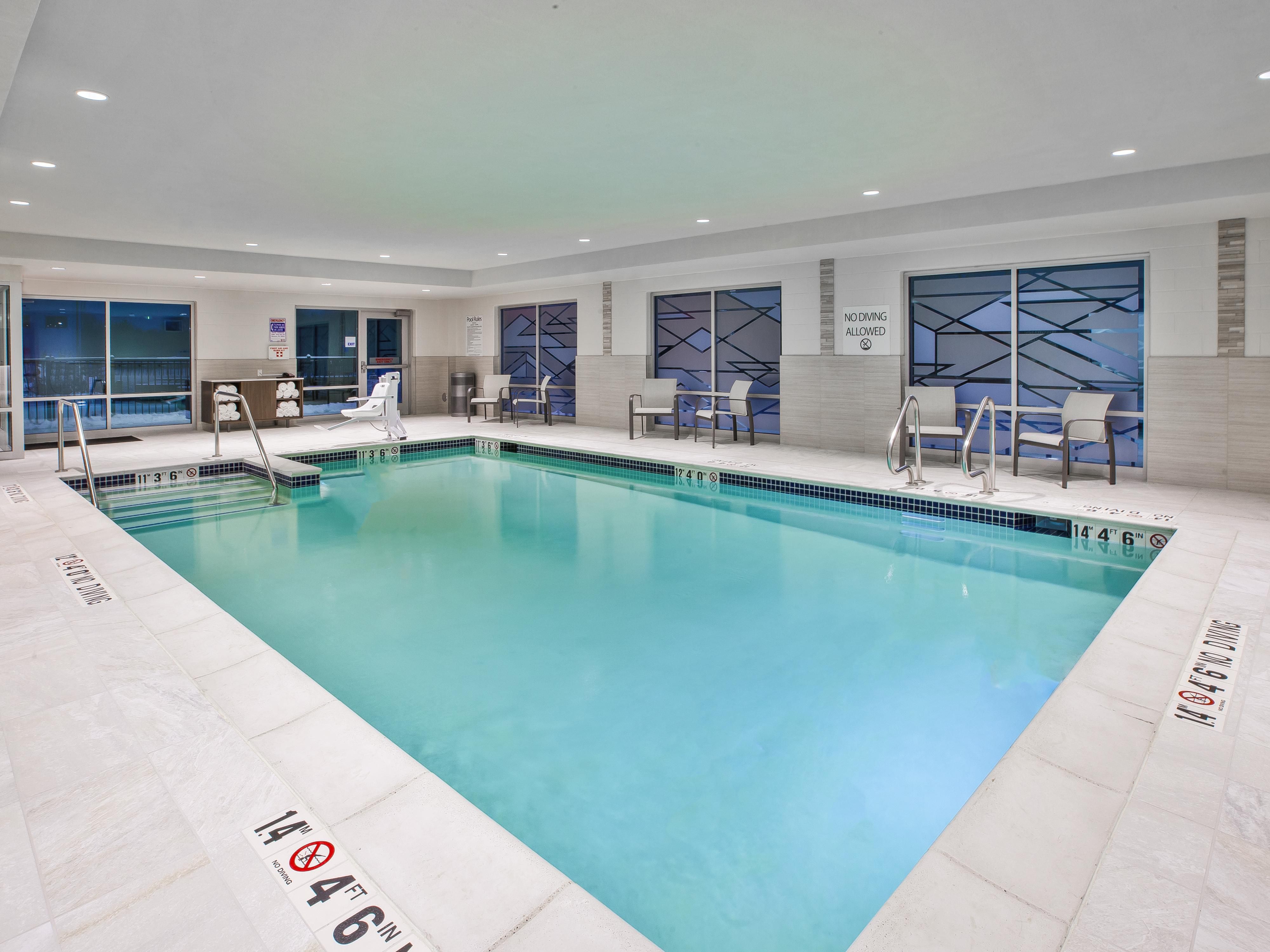 Splash and soak in our ADA/wheelchair accessible indoor pool, open year-round from 6:00 AM to 11:00 PM every day. Whether you want to get some exercise in or prefer to just relax in the water, our pool is the place to be.