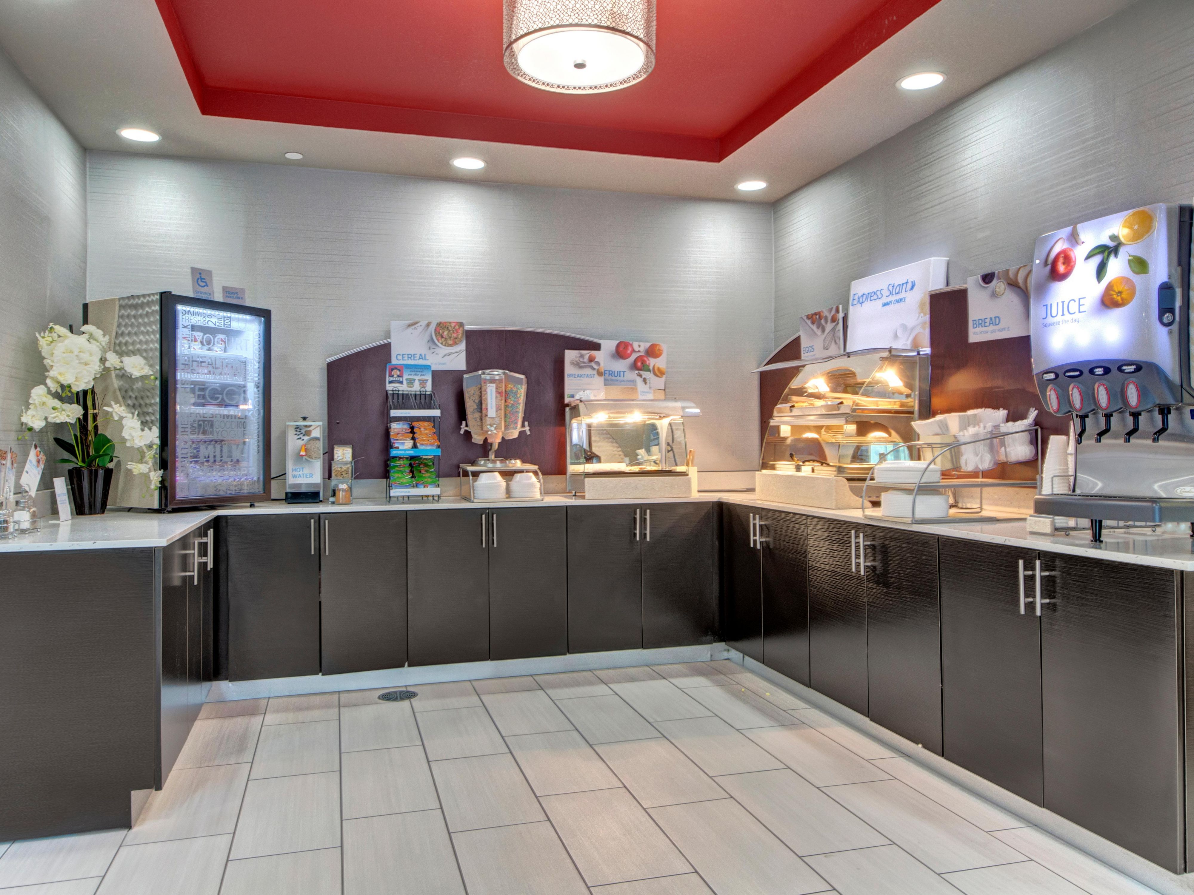 Start your day off with a hearty breakfast.  The Holiday Inn Express offers one of the best breakfast buffets in the area. Enjoy both hot and cold items each day. Hot items include Veggie and Cheese Omelets, Scrambled Eggs, Crispy Bacon, Sausage, Turkey Sausage, Fluffy Pancakes, and  Cinnamon Buns.
