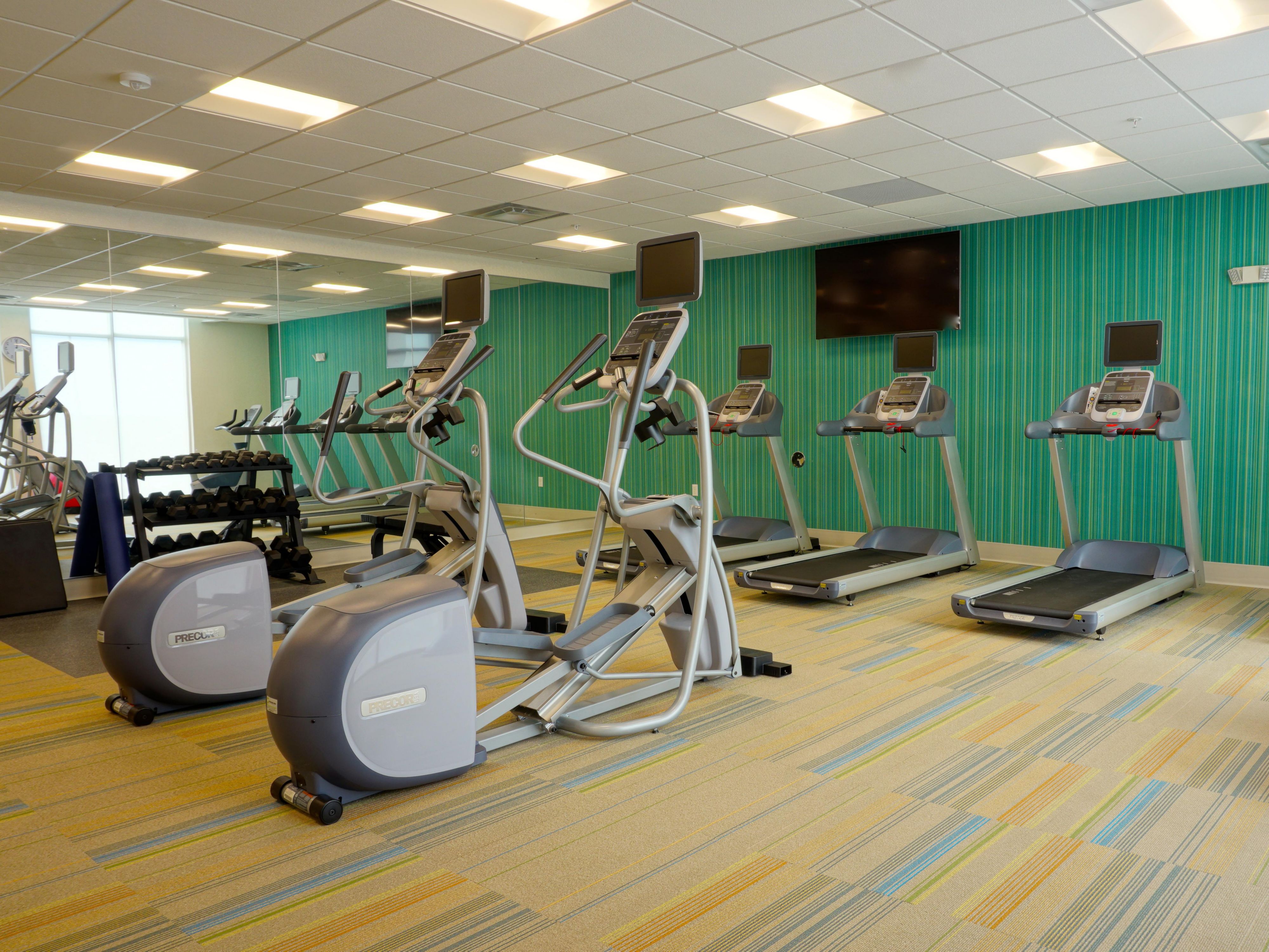 Our spacious fitness Center is open 24 hours daily