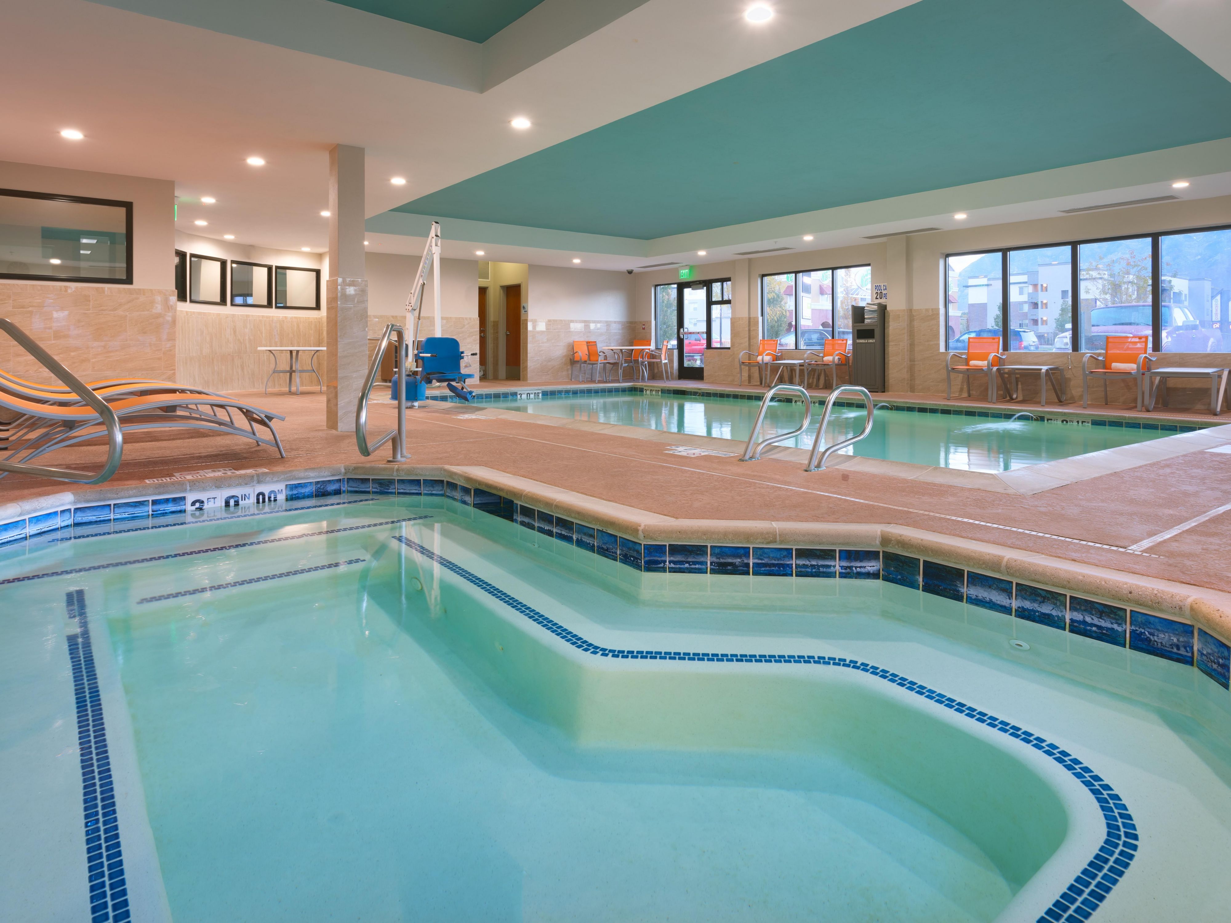 Swim, splash, and soak stress away in our indoor pool and hot tub.