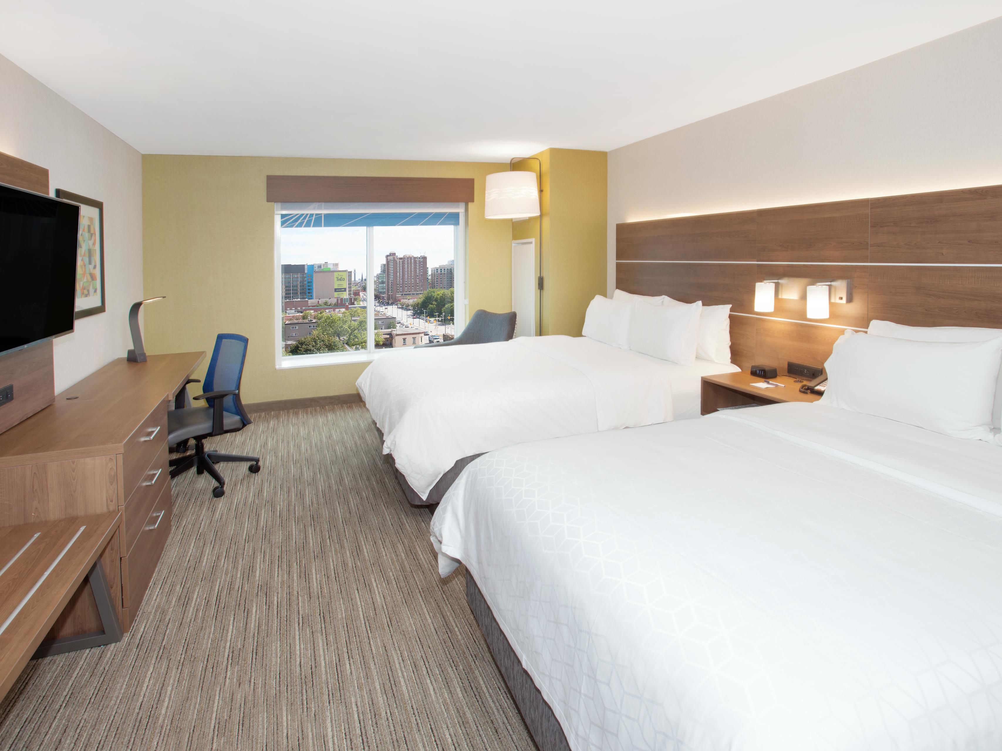 Our spacious rooms offer views of the city or river.
