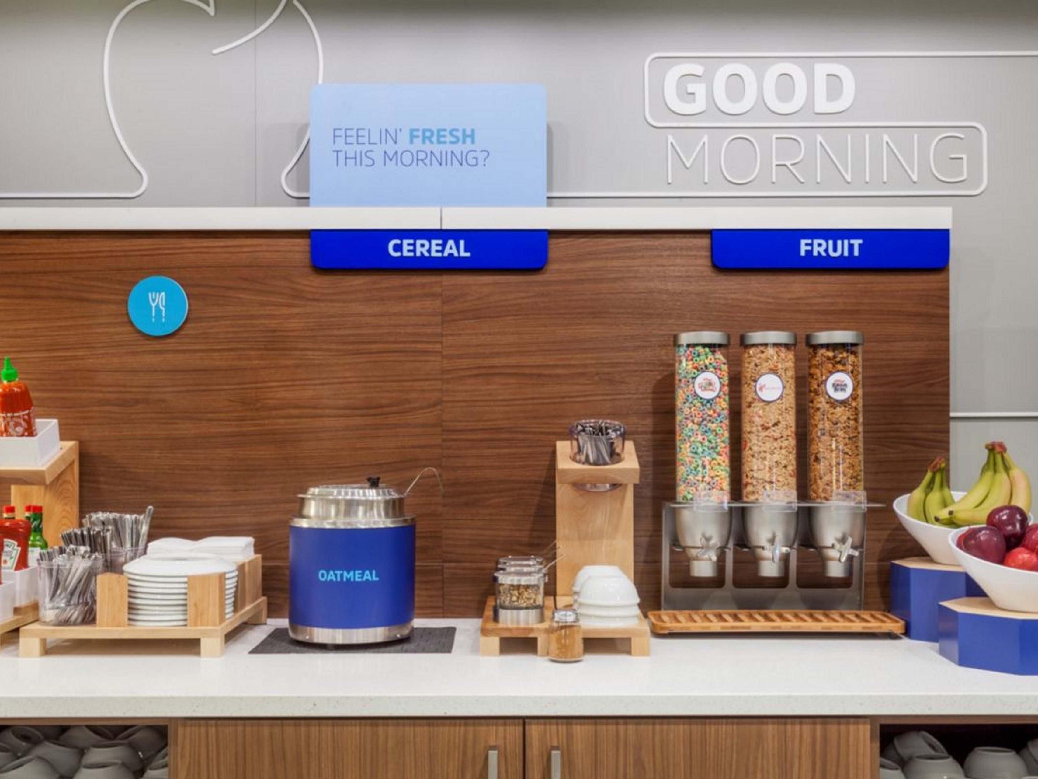 Wake up to our free express start breakfast bar offering a full range of items including healthy egg white omelets, biscuits and gravy, bacon, sausage, turkey sausage, yogurt, whole wheat English muffins, freshly made oatmeal, cereal, fresh fruit, and a one-touch pancake machine. The menu changes daily so check it out. 