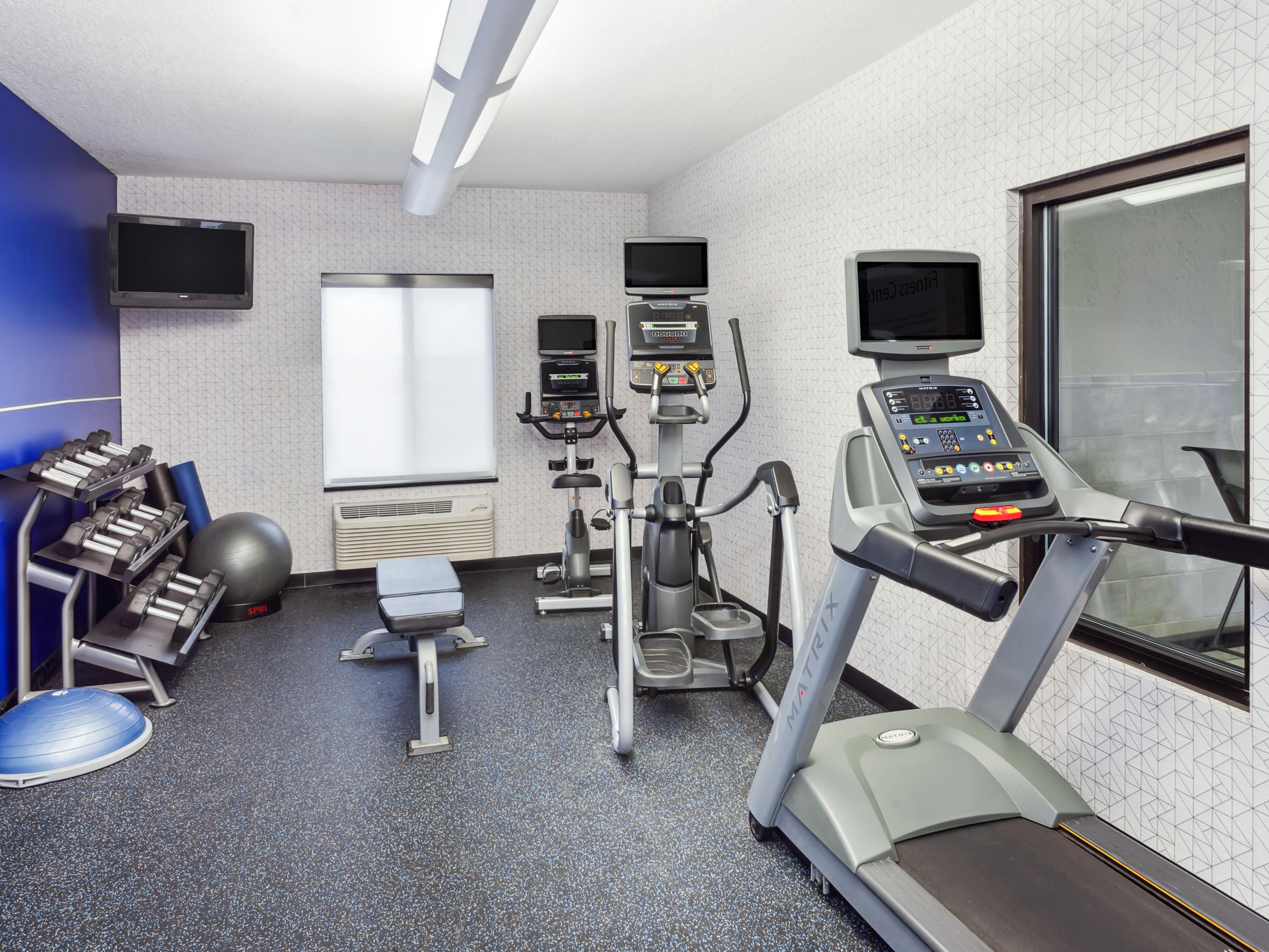 Get your sweat on in our complimentary, fully equipped Fitness Center with a treadmill, elliptical, stationary bike, and free weights. Open 24 hours.