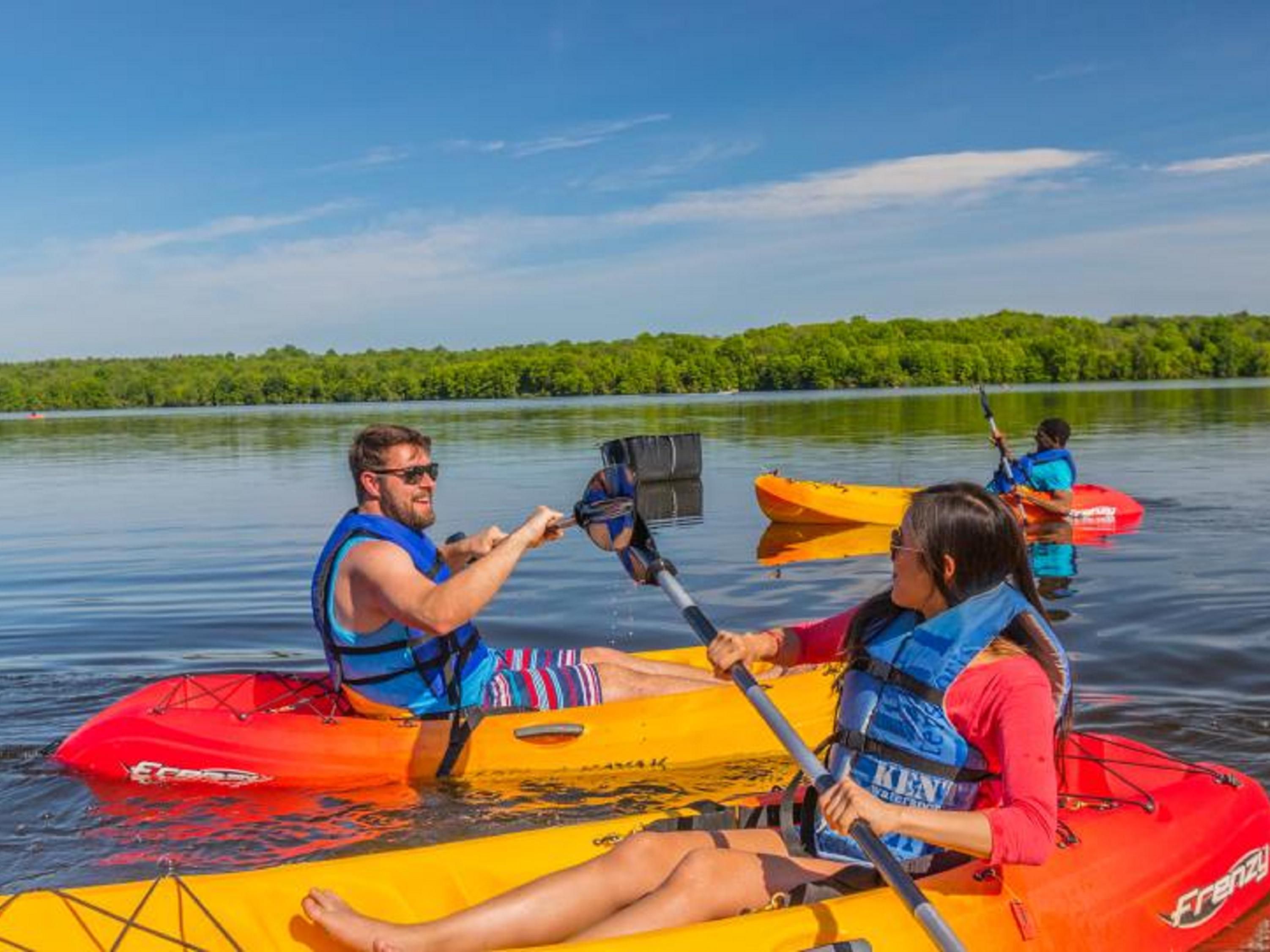 Fish, kayak, or walk the scenic 3-mile trail around the lake. A peaceful getaway just 10 minutes from the hotel.
