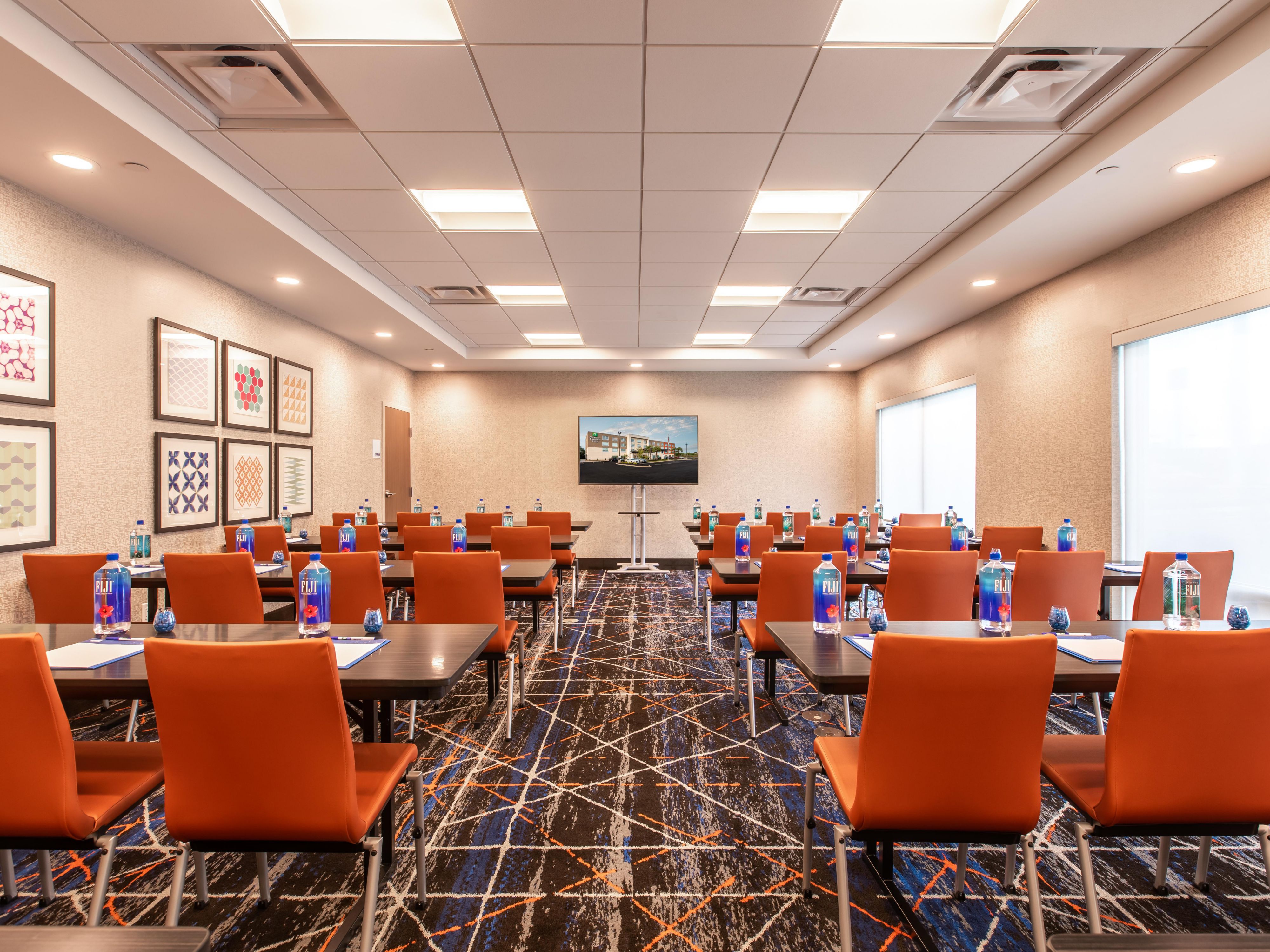 We would love to host your events and meetings. Our meeting room is 800 Square Feet and we can accommodate any style of meeting. Catering options are available. Please visit our website or give us a call. We can also accommodate wedding & family reunions for group room blocks.