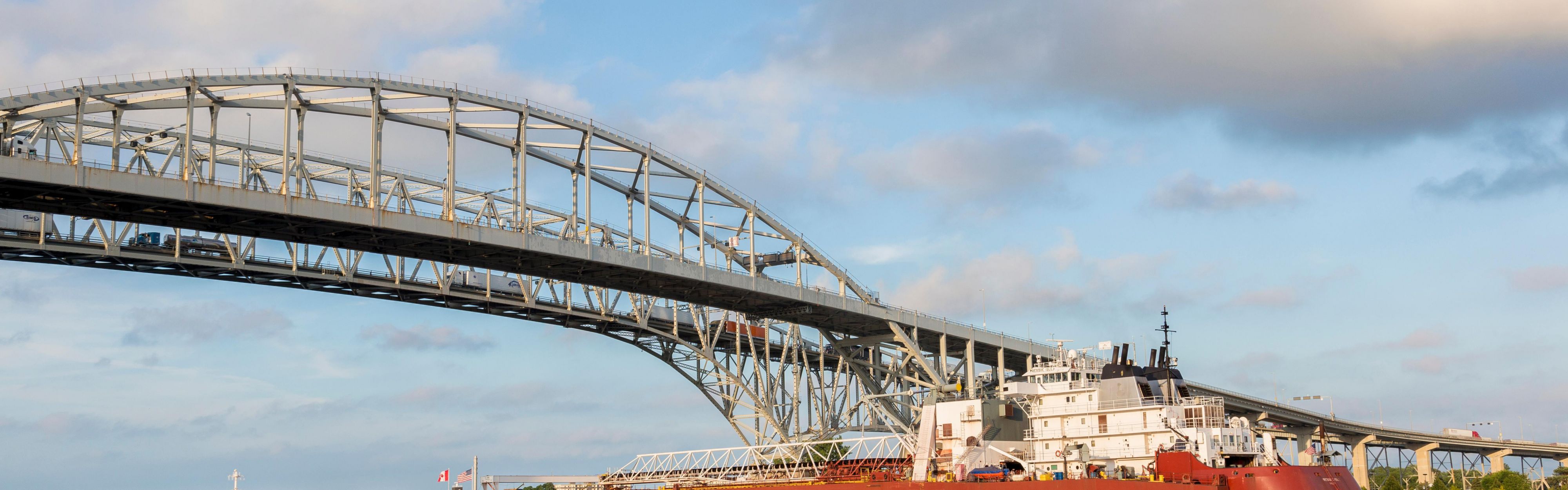Port Hurons Blue Water Bridge with an up-close view of freighters