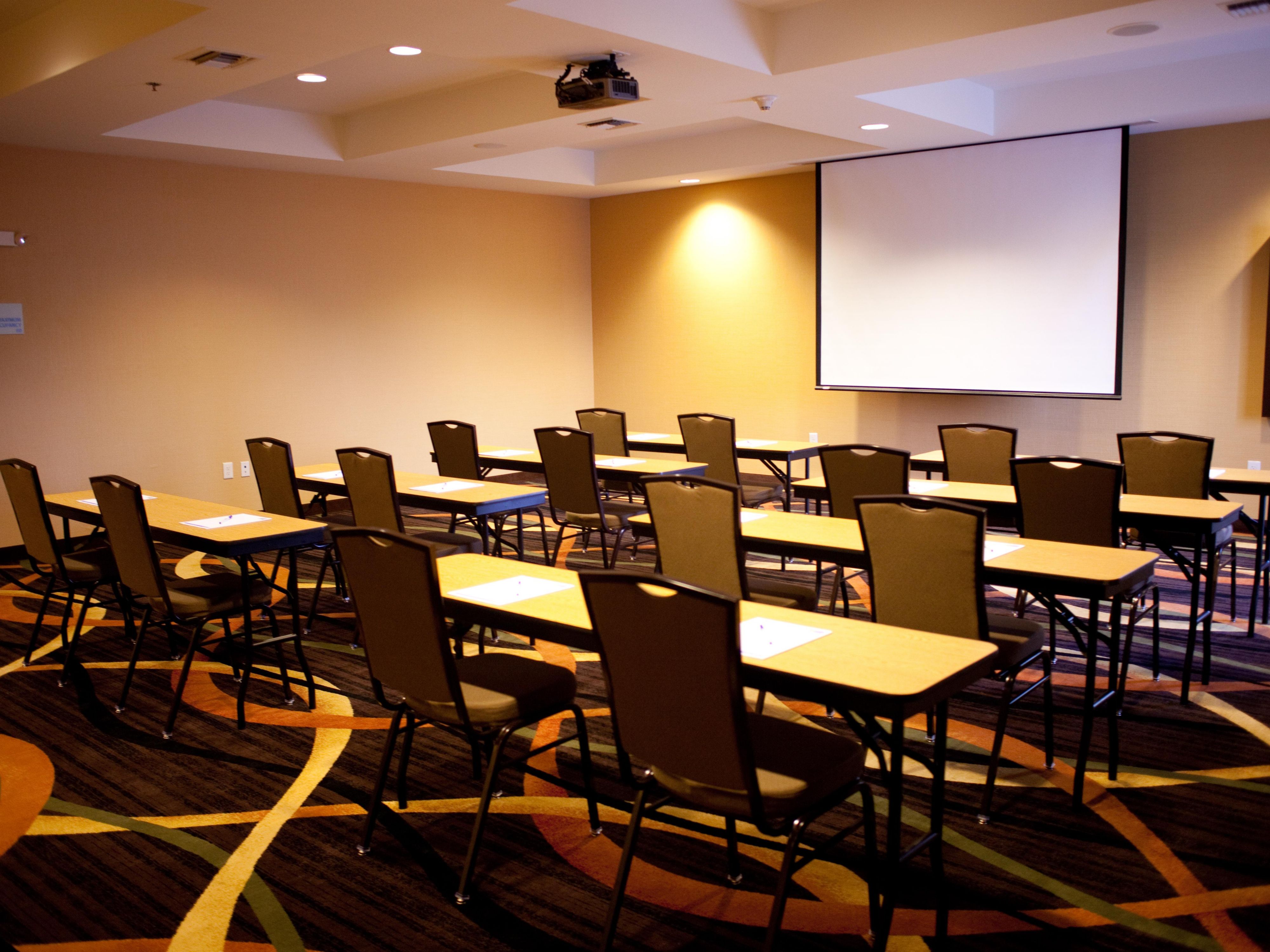 Allow us to host your next meeting. We offer 940 square feet of meeting space that includes all the essentials for a perfect meeting. Take advantage of multiple room set-ups for up to 50 attendees, A/V projector and drop down screen, whiteboard, business center and more.